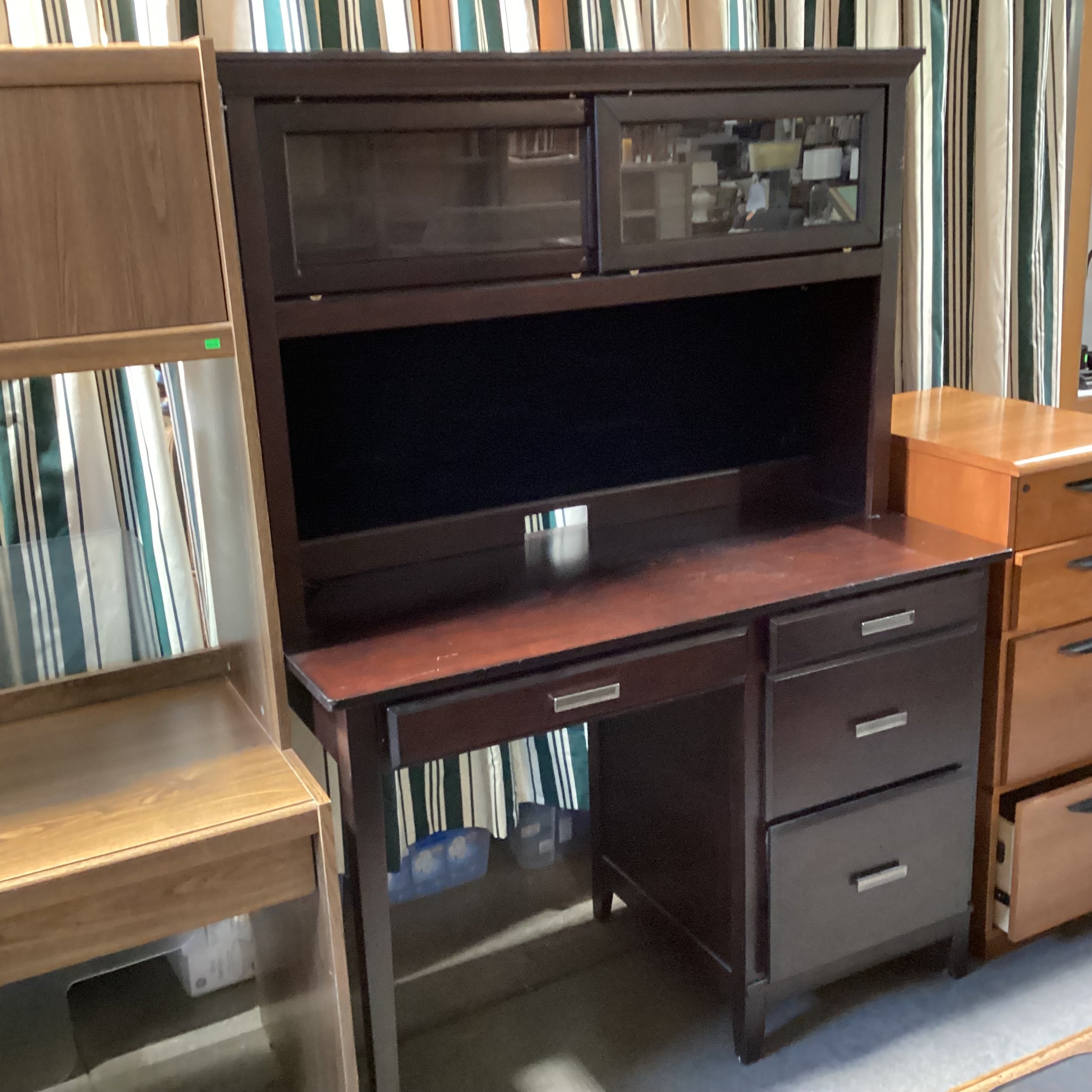 Solid Dark Wood Desk with 3 Drawers and Over Head Display Case 52"x 24"x 71"