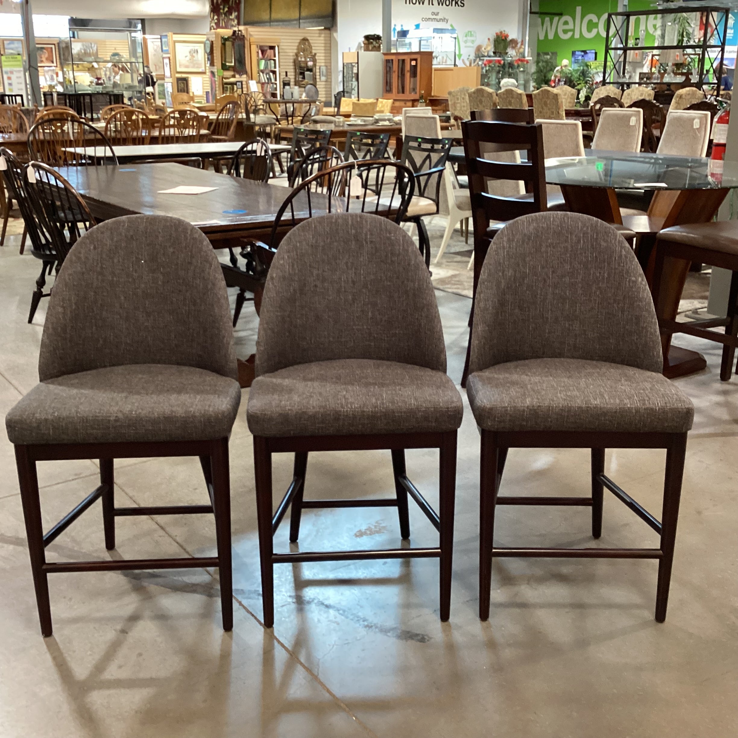 SET of 3 Crate & Barrel Ana Charcoal Woven & Espresso Finish Wood Counter Barstools 24"