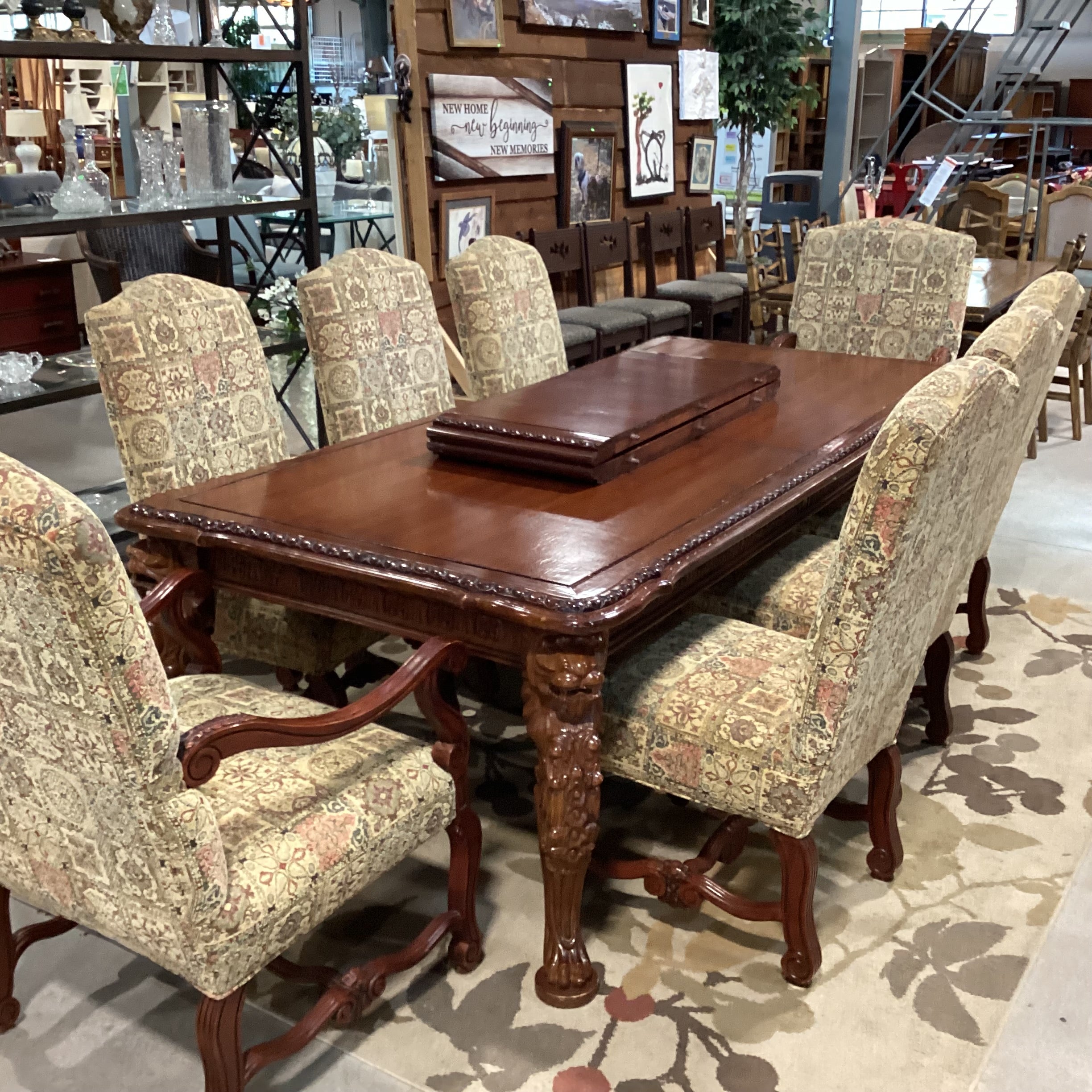 White Rose Ornate Carved Lionshead 2 Leaves Table with 8 Chairs Dining Set 102" to 138"x 48"x 31.5"
