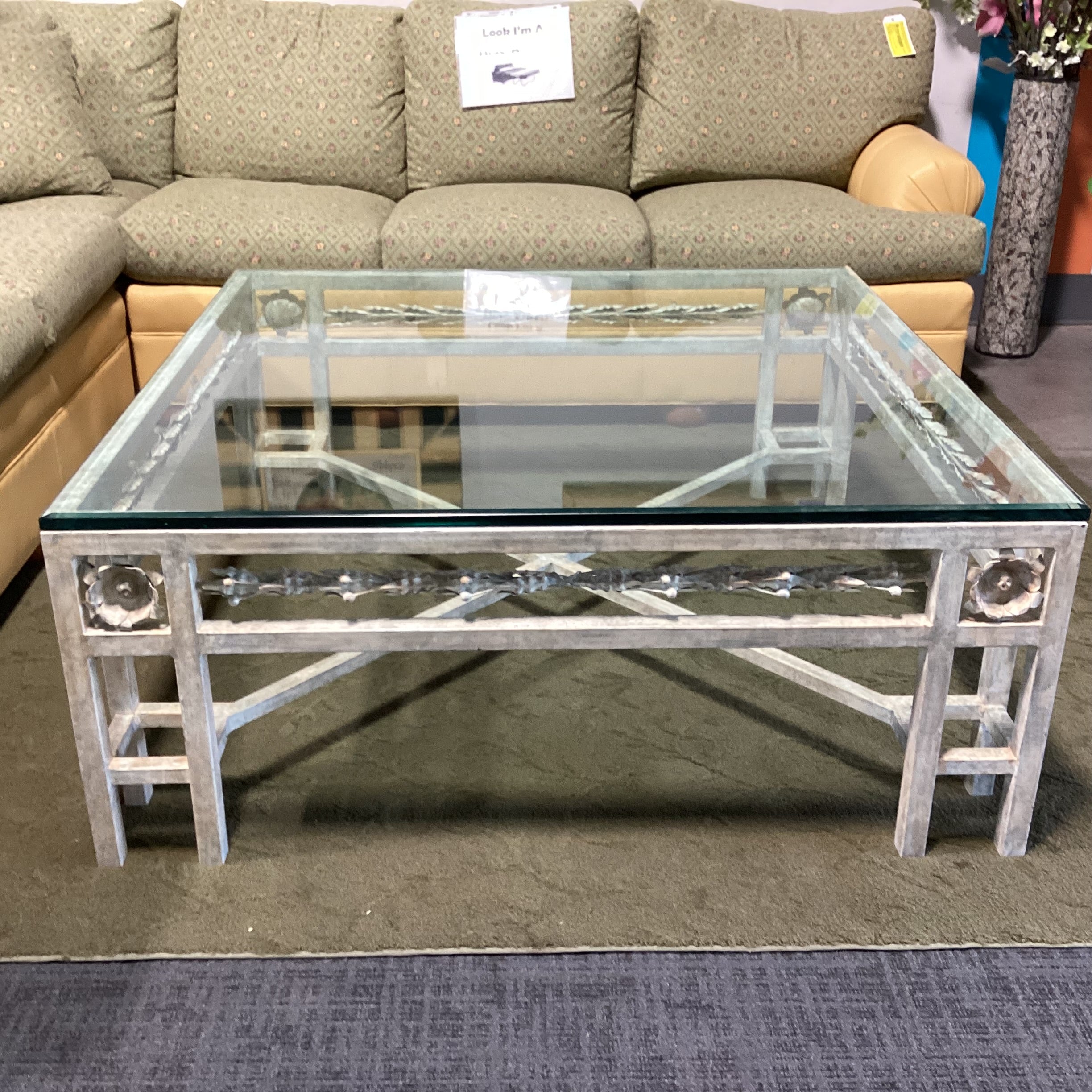Brushed Antiqued Ivory Iron with Floral Detail & Glass Coffee Table 48"x 48"x 20"