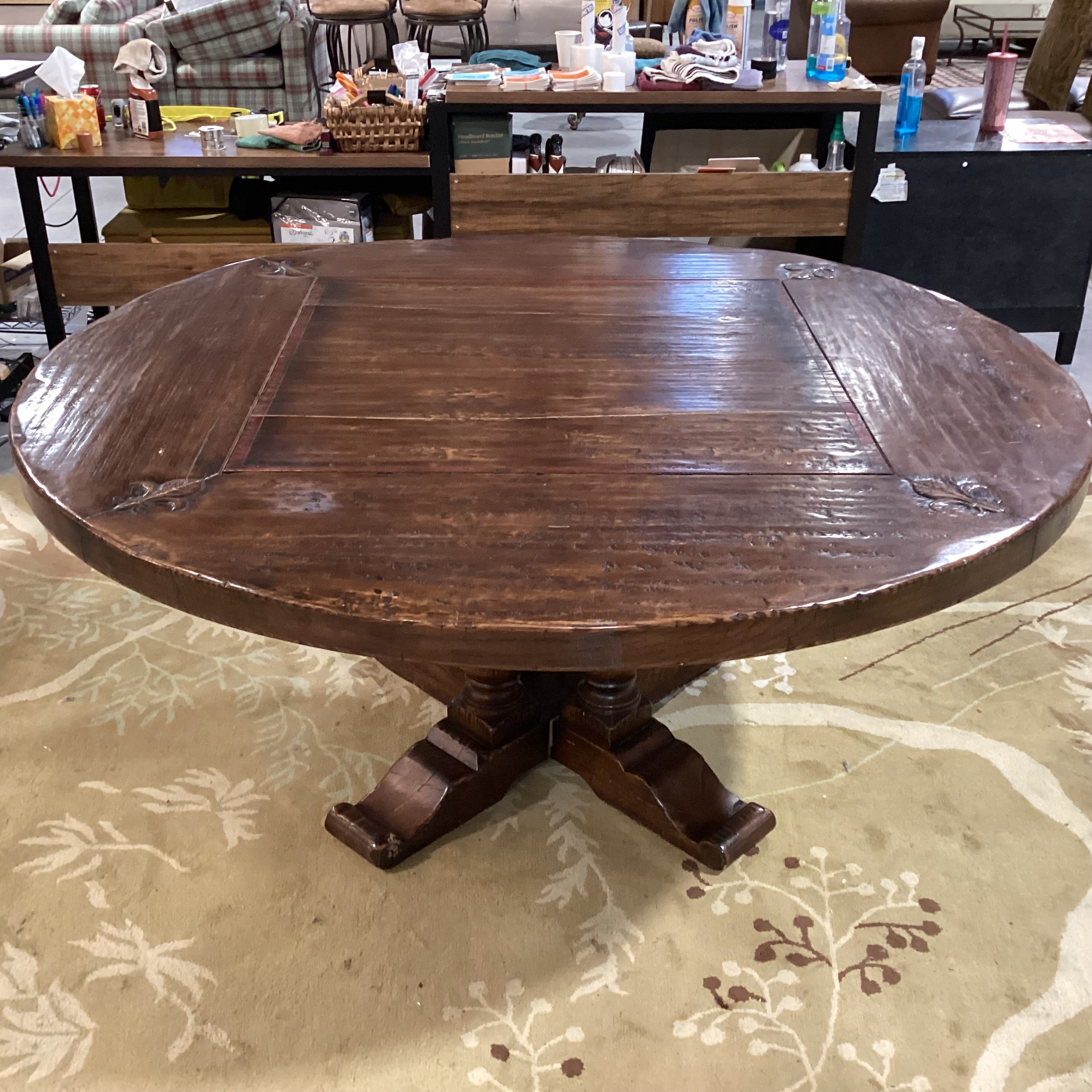 Distressed Solid Wood Finish with Carved Fleur De Lis  Detail Round Dining Table 66" Diameter x 30.5"
