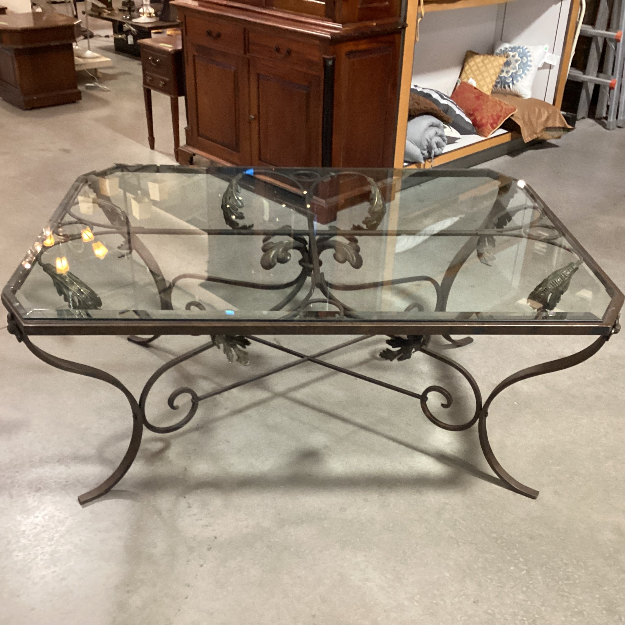 Ornate Iron & Brass Leaf with Beveled Glass Top 57.5"x 41.5"x 25"