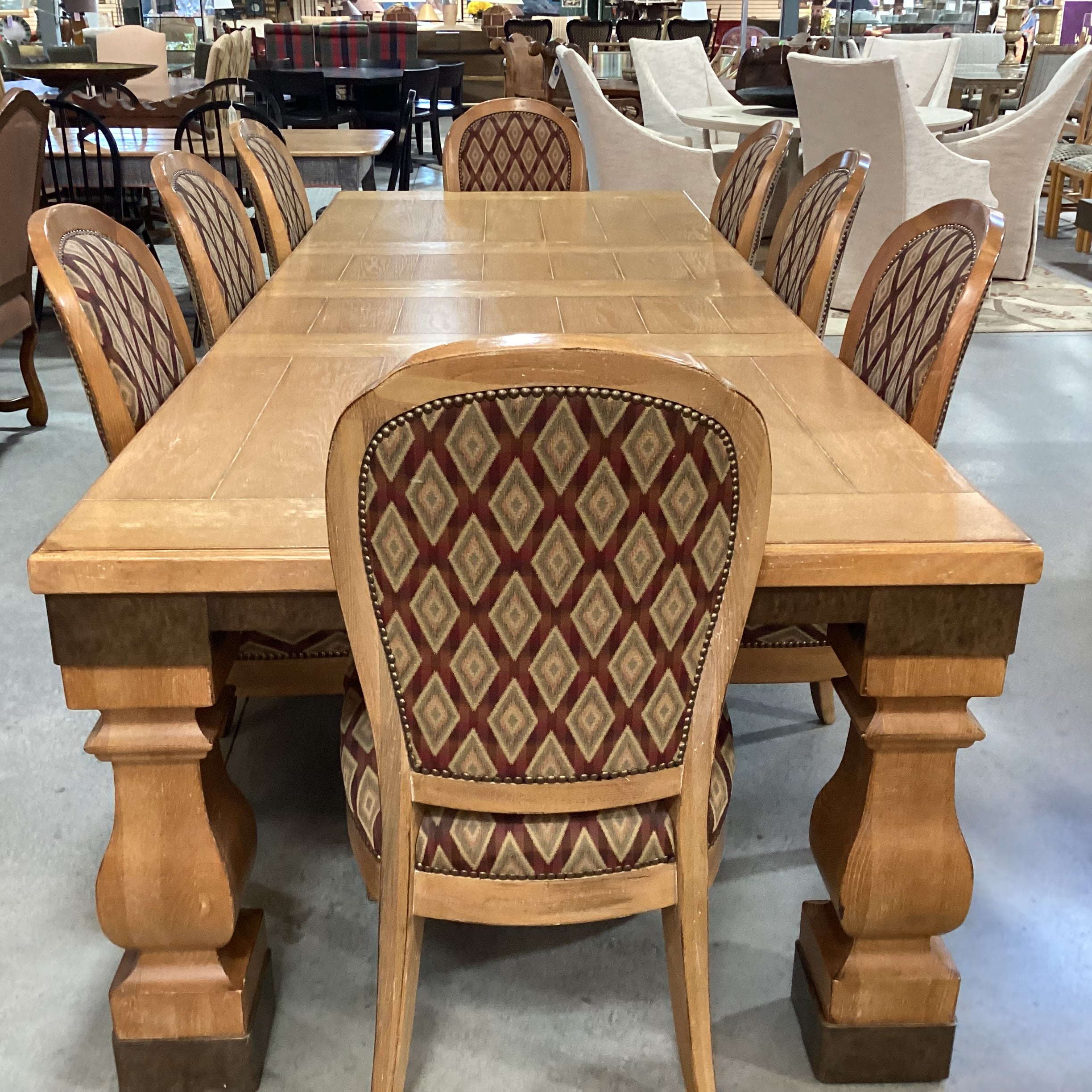 Light Finish Wood & Metal Edge Detail 2 Leaves Table with 8 Diamond Upholstered Chairs Dining Set 78" to 118"x 44"x 30.5"