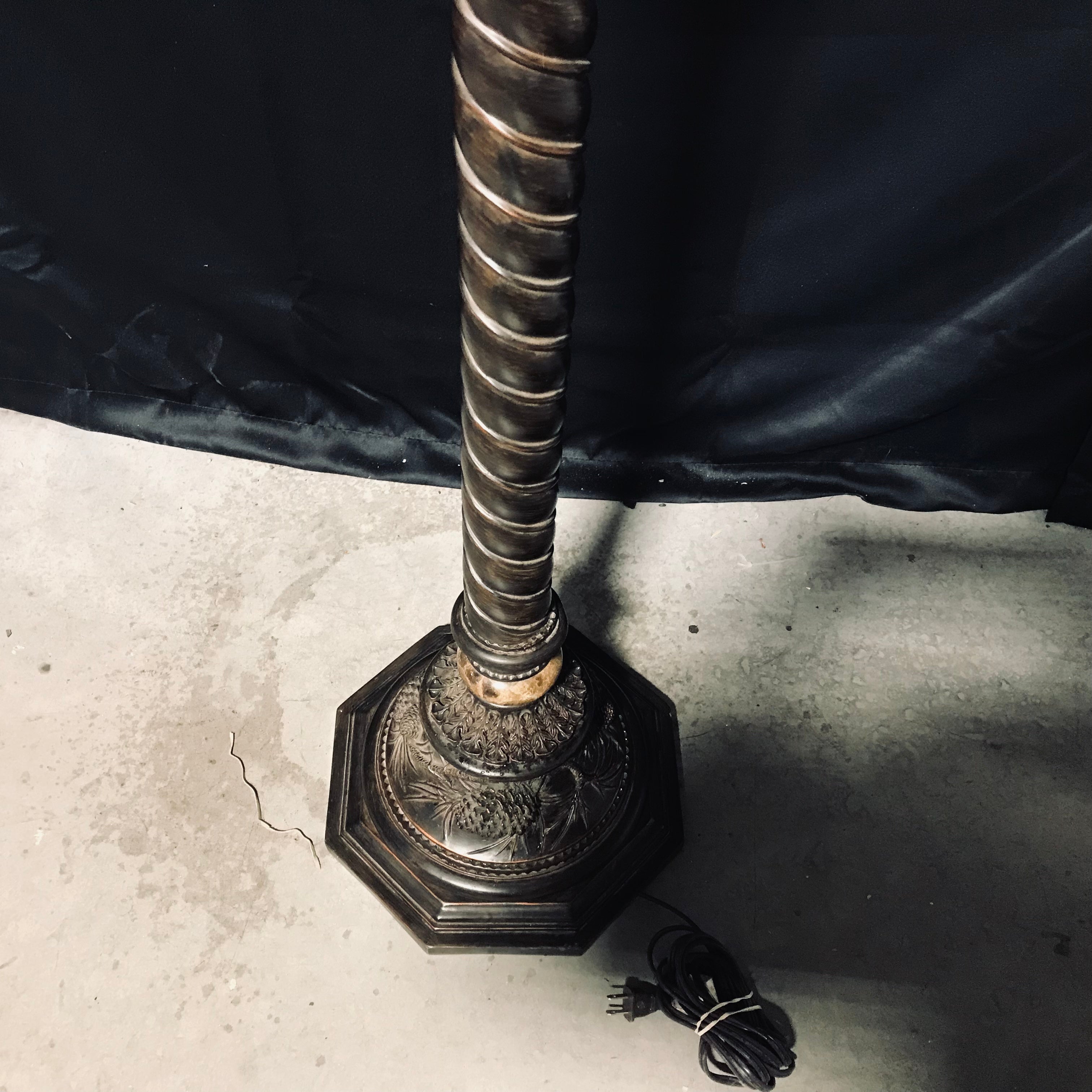 Wood Carved Bronze Colored With Brown Shade Floor Lamp, Base 11" Height 63"