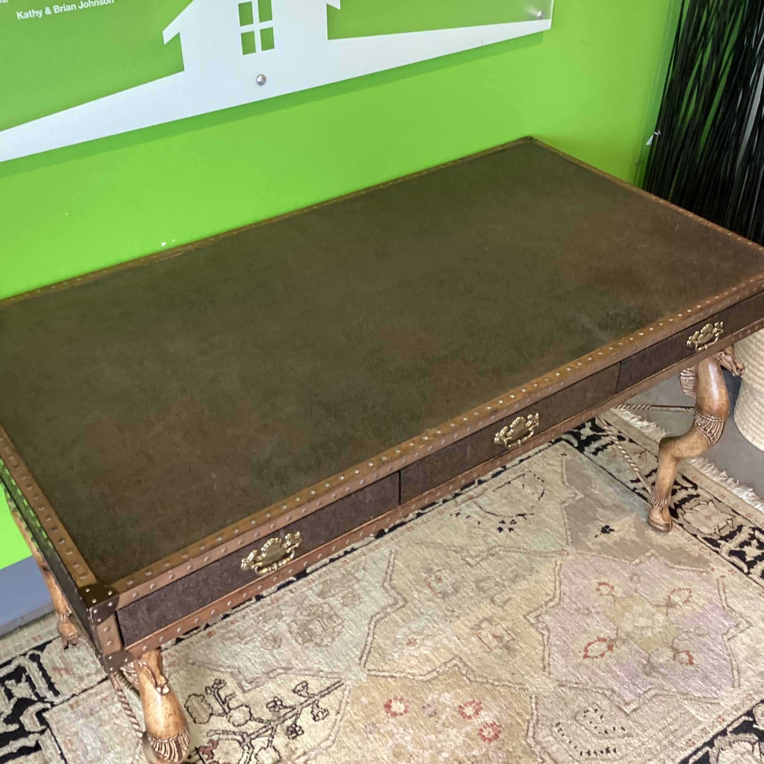 Maitland Smith Carved Horse Iron & Embossed Leather Nailhead 3 Drawer Desk 57.5"x 30.5"x 32"
