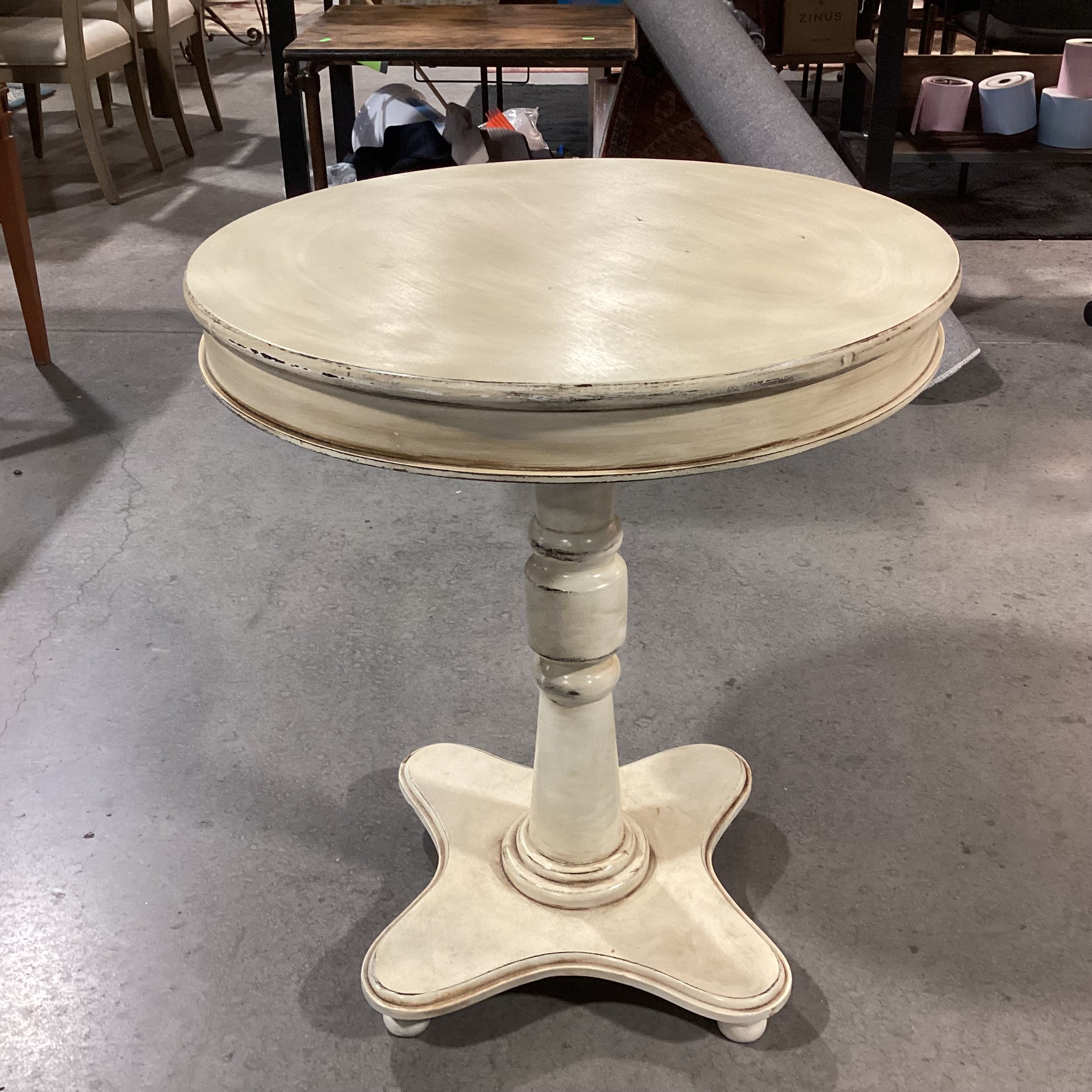 Cream Antiqued Finish Wood with Pedestal Round End Table 24" Diameter X 28"