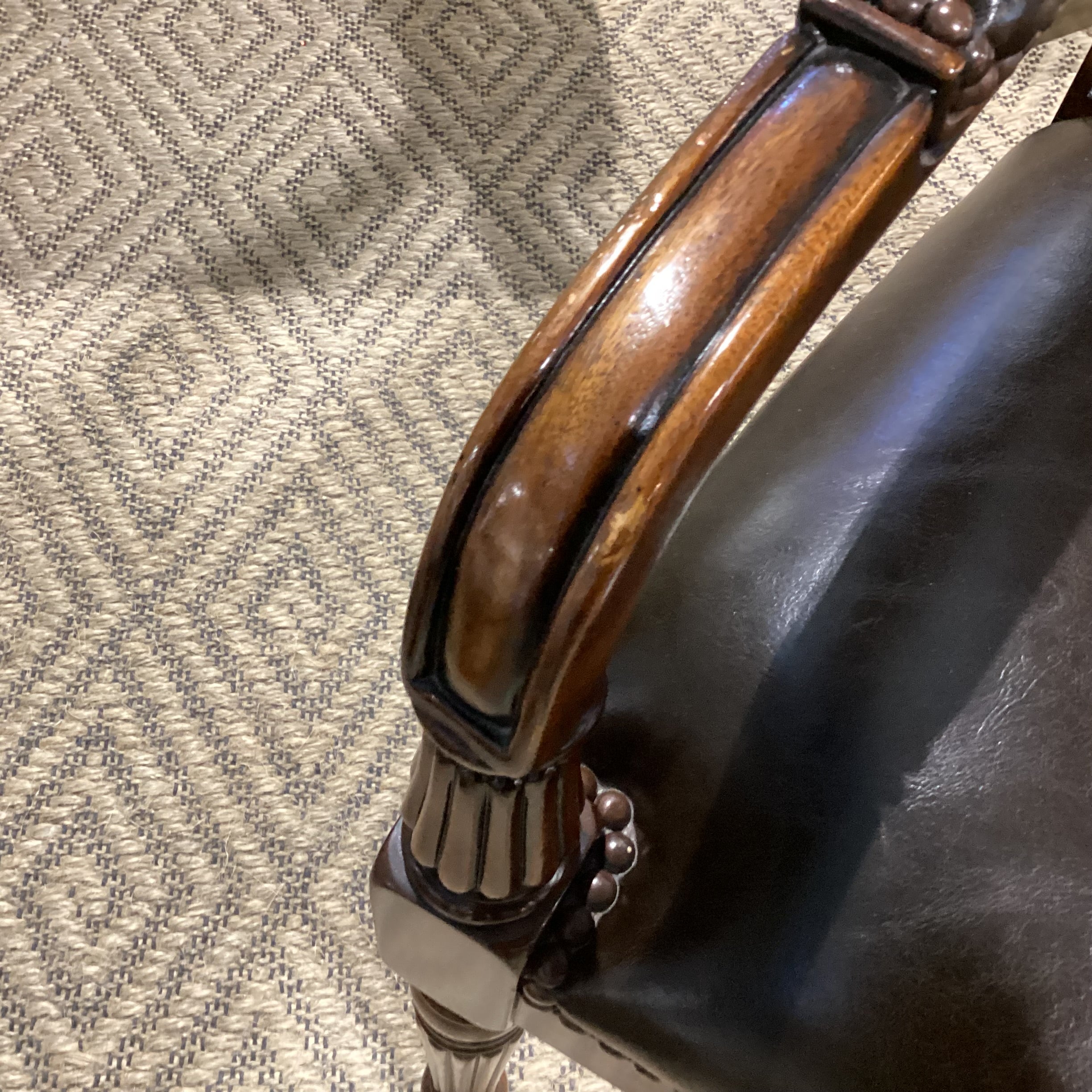 Carved Wood Leather Nailhead & Back Handle Chair 24"x 24"x 39"