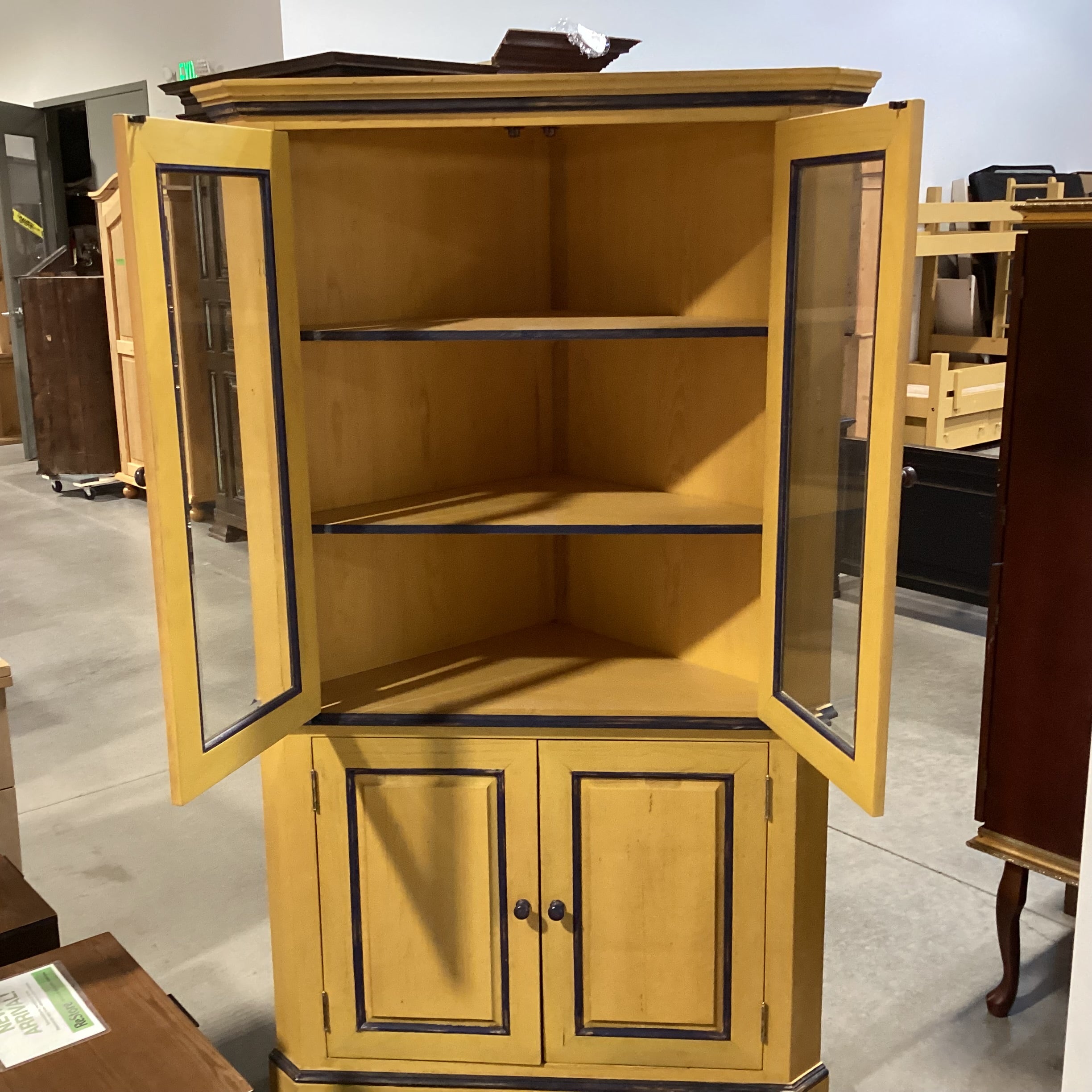 Gold & Navy Distressed Wood 2 Beveled Glass Doors & 2Wood with Shelves Corner Armoire 42"x 32"x 72.5"