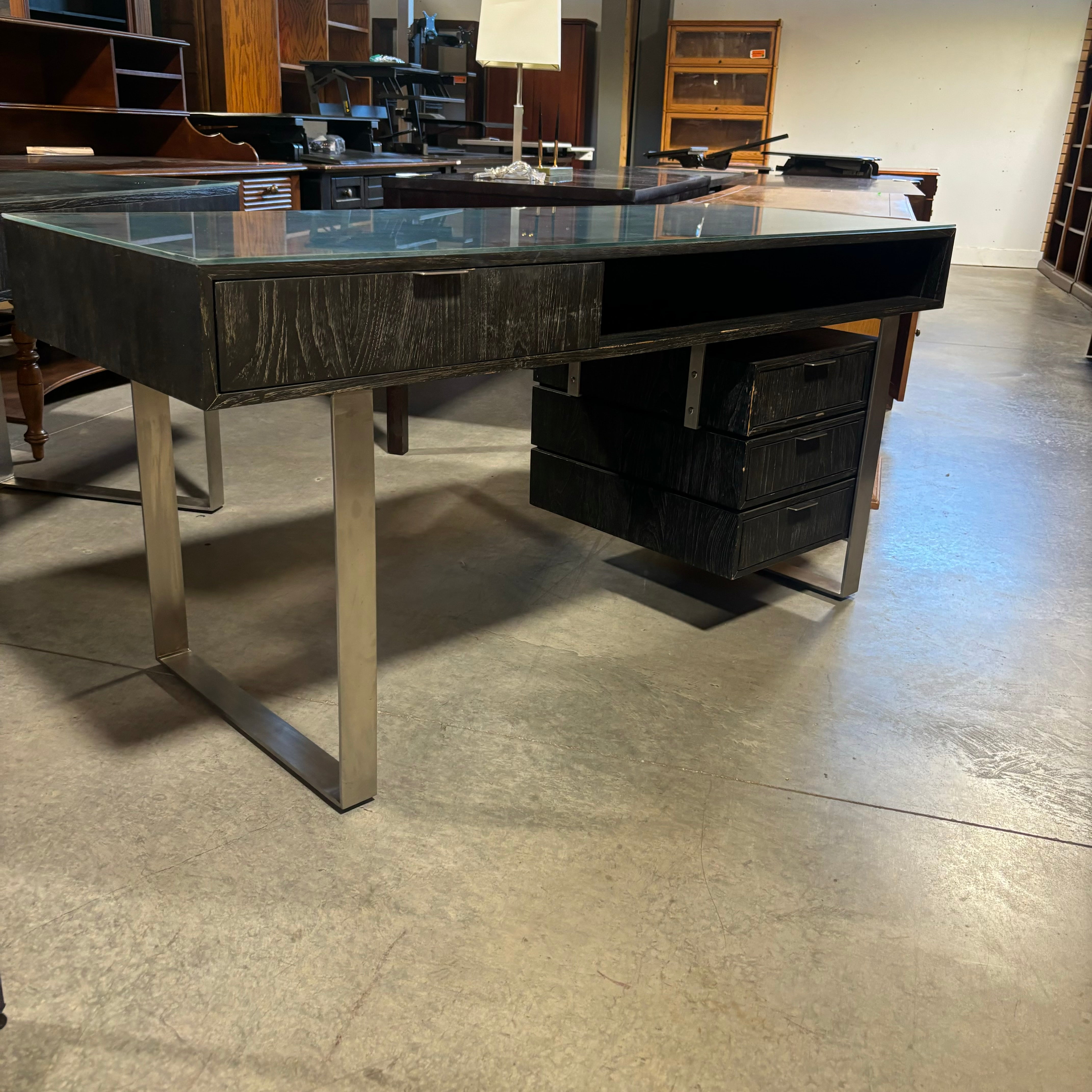 Brownstone Distressed Dark Wood with Steel Base & Glass Top 4 Drawer Desk 65"x 24"x 31"