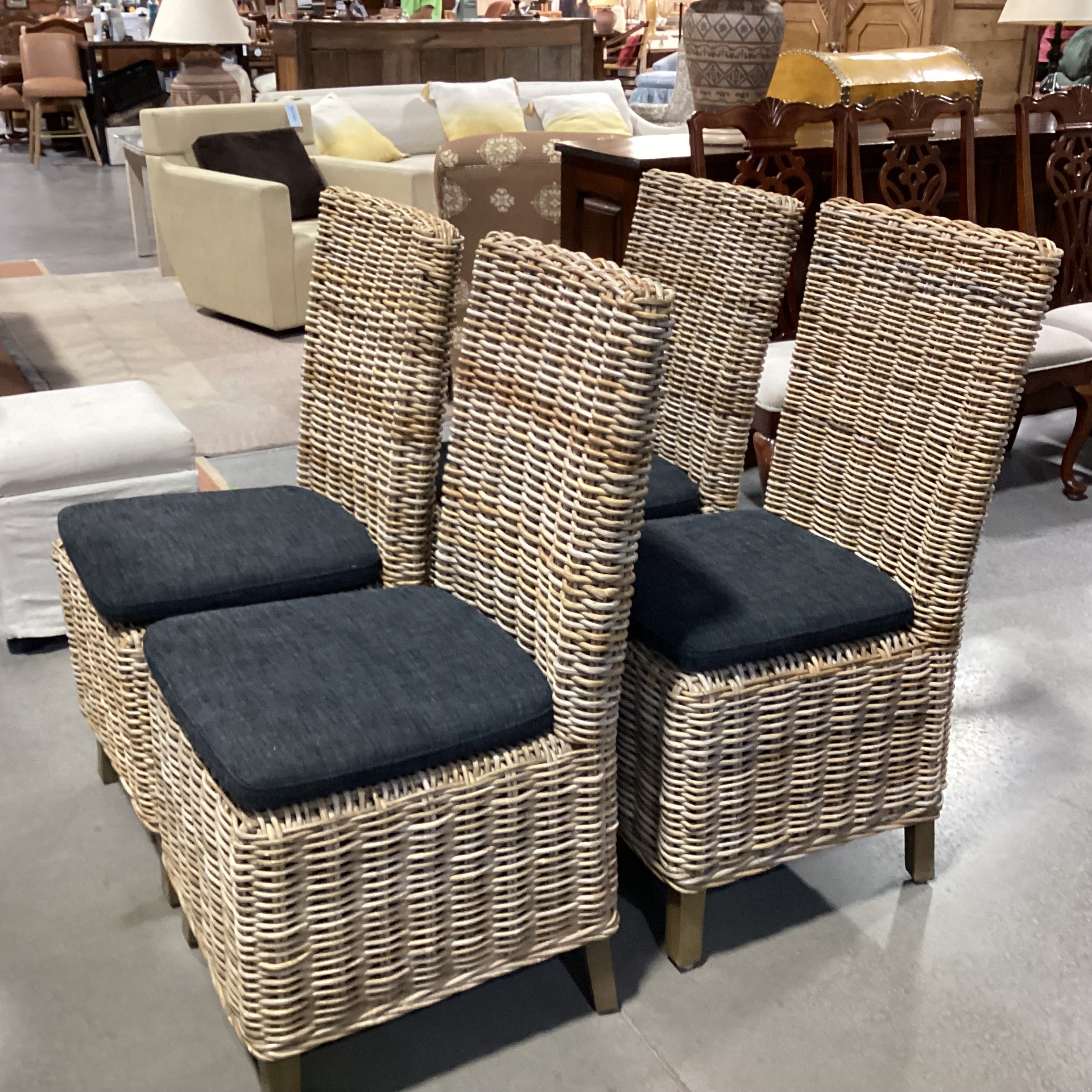 SET of 4 Wicker Woven Rattan with Charcoal Cushion Dining Chairs 20"x 23"x 40"