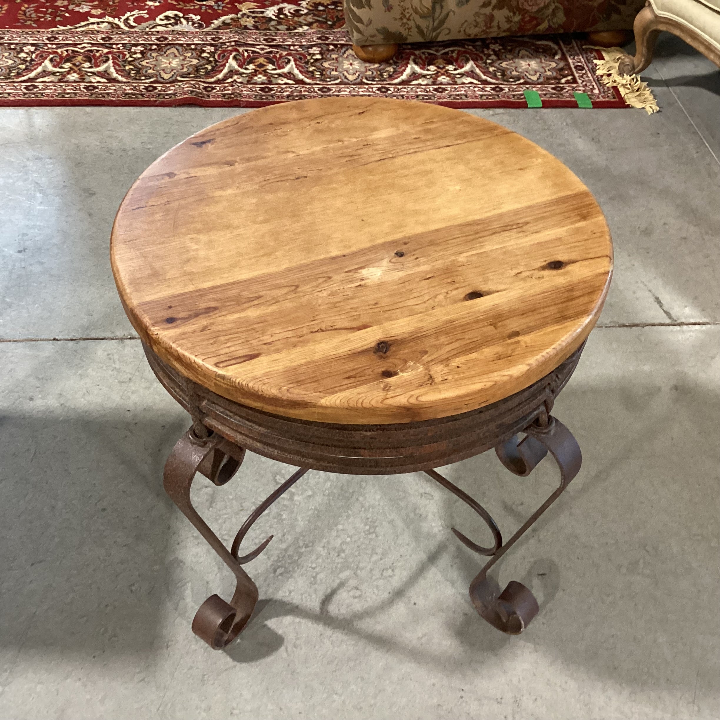 Rustic Wrought Iron & Wood Round End Table 24" Diameter x 22"
