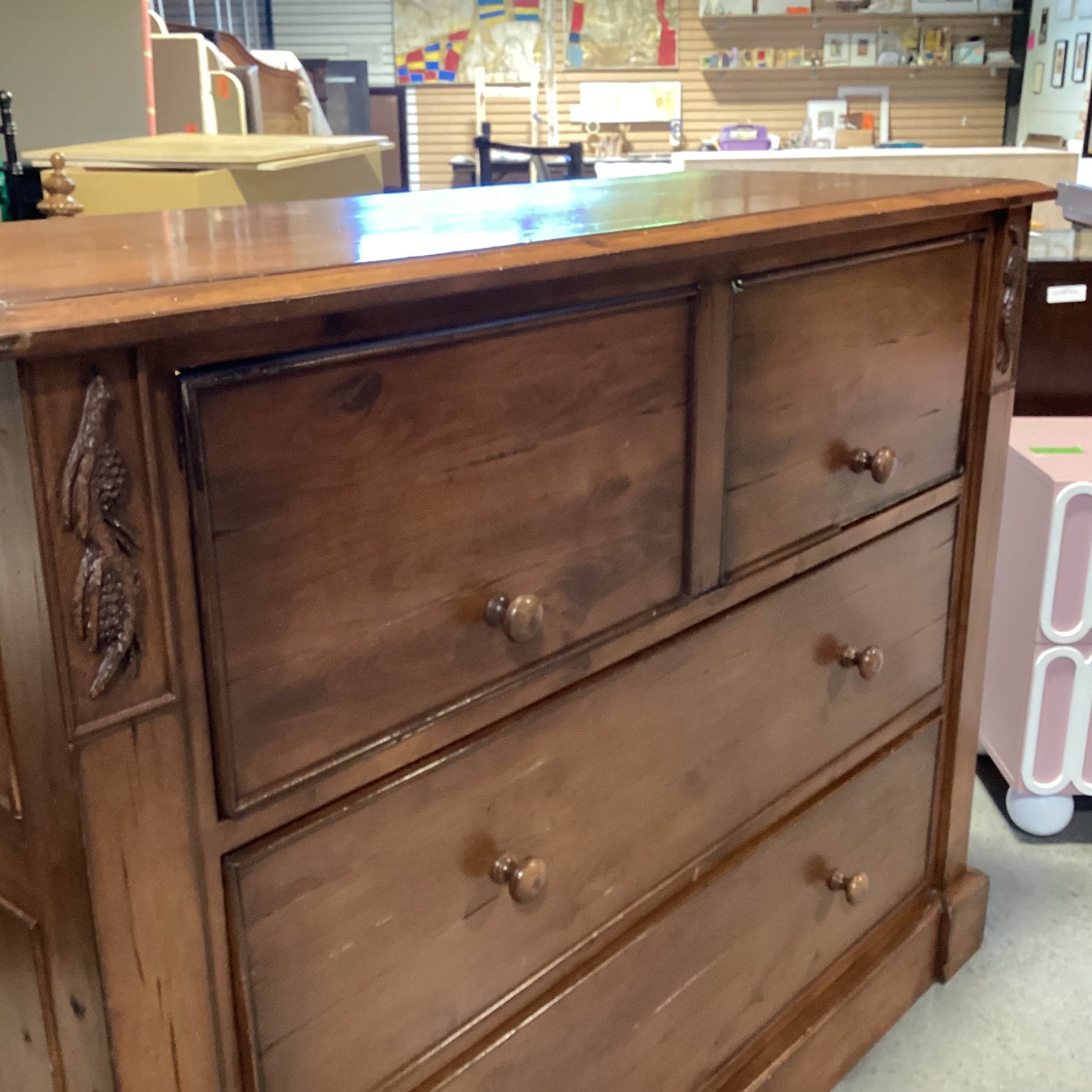 Distressed Finish Carved Pine Cone Wood 2 Drawer & Lift Top Media Dresser 34"x 20"x 43"