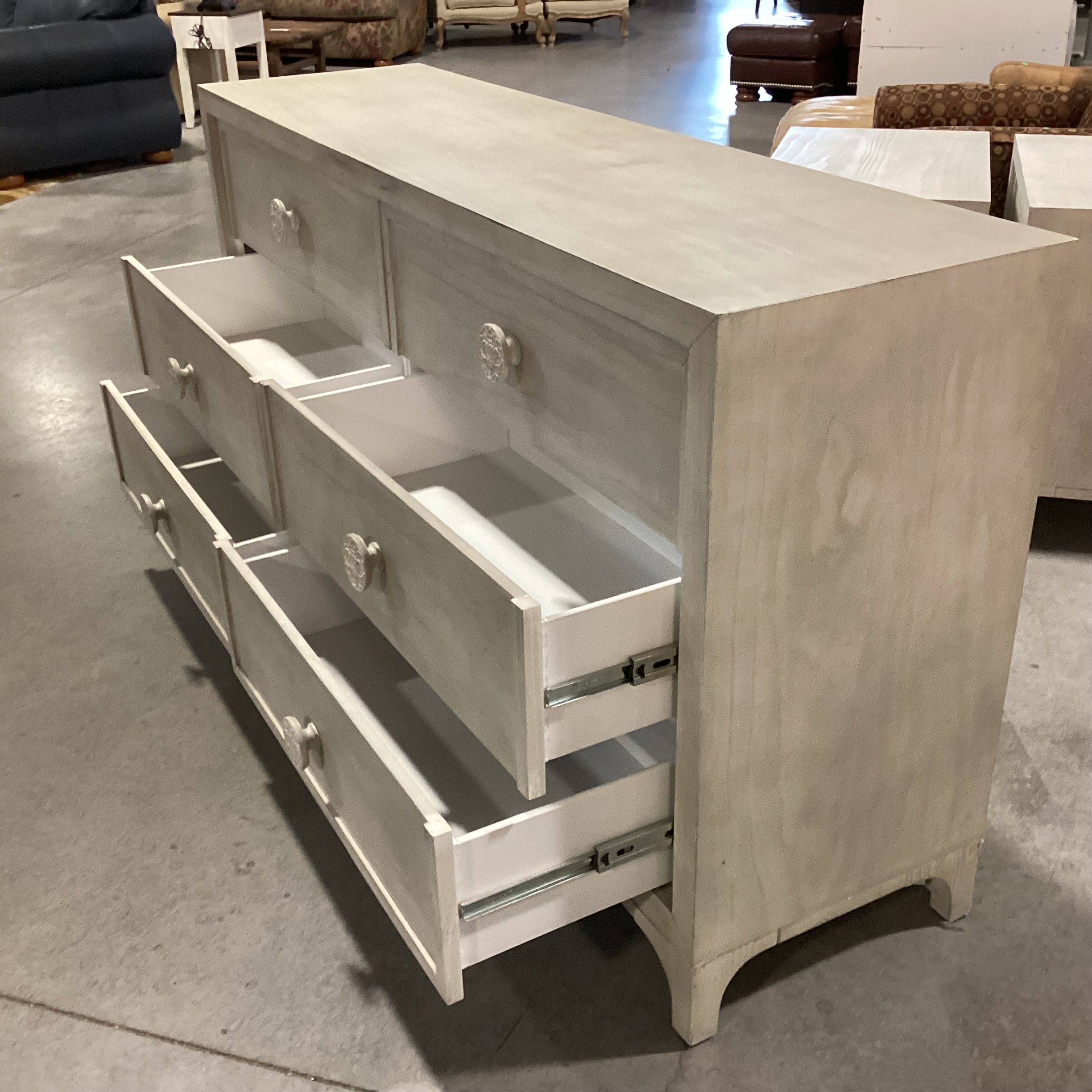 Bohemia White Washed Wood with Carved Mandala Pulls 6 Drawer Dresser 66"x 18"x 36"