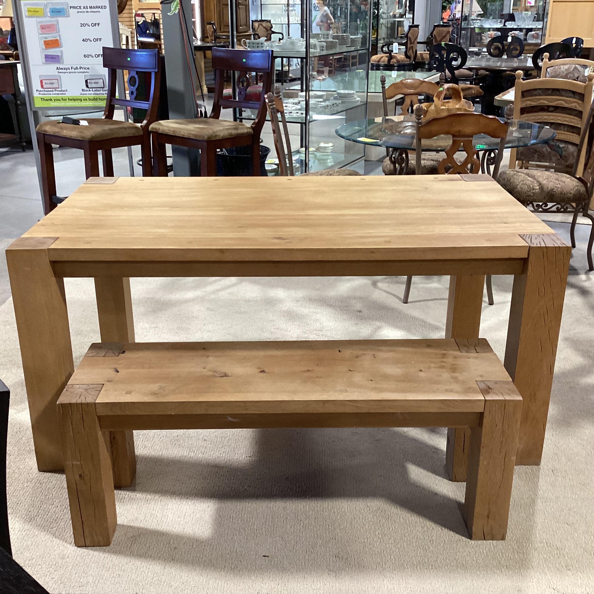 Crate & Barrel Ylifanti Rustic Solid Oak Table with Bench Dining Set 65"x 38"x 30.5"
