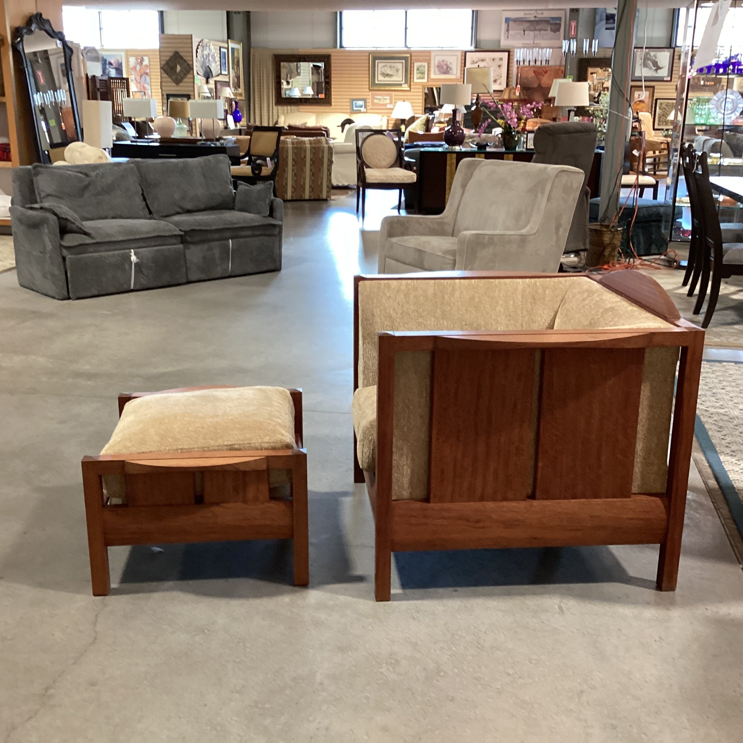 Arts & Crafts Mission Style Stickley Like Solid Cherry Woven Down Mix with Ottoman Chair 39.5"x 34"x 33"