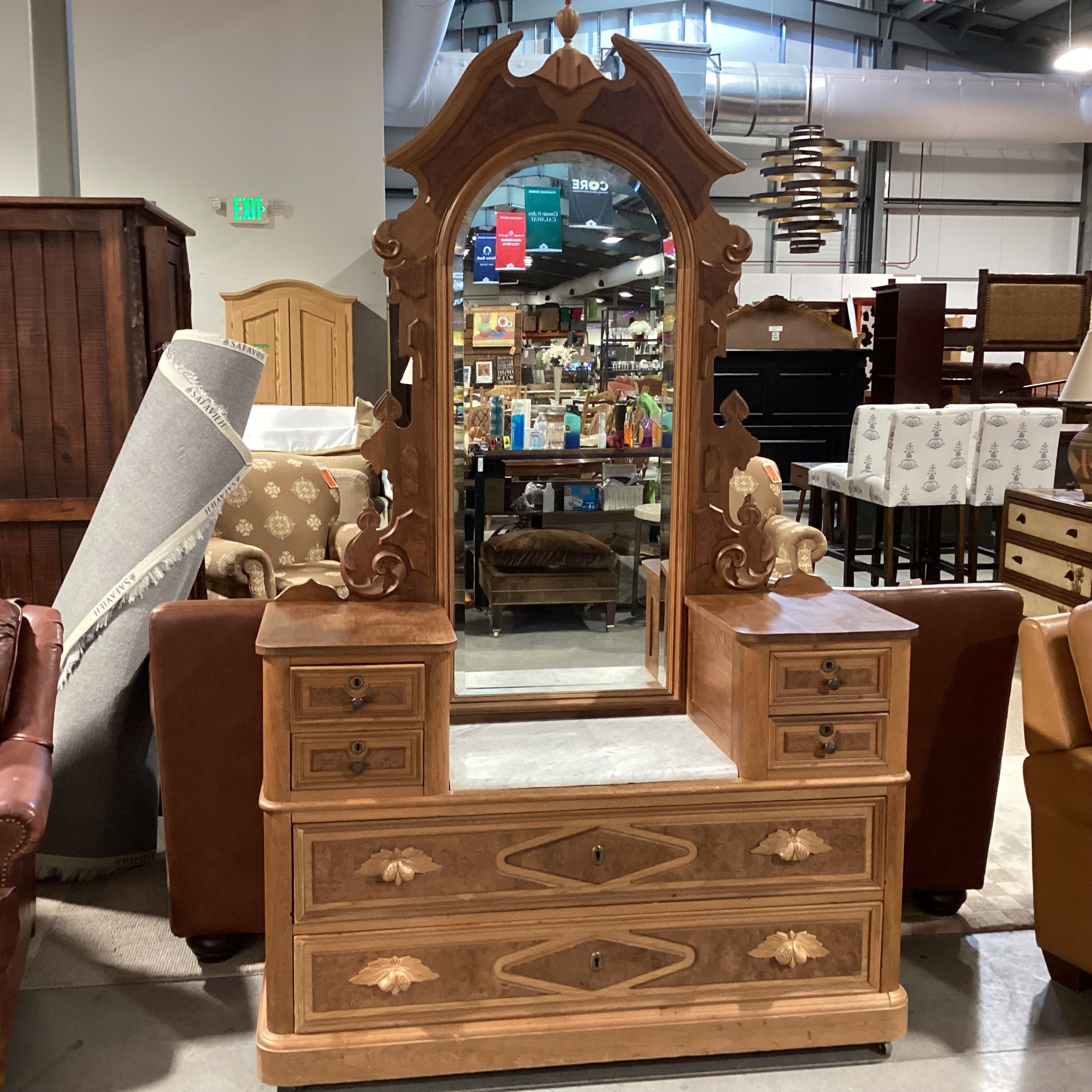 Antique Carved Wood with Mirror 4 Drawer & Marble Top Center Vanity Chest Dresser 52"x 20"x 87"
