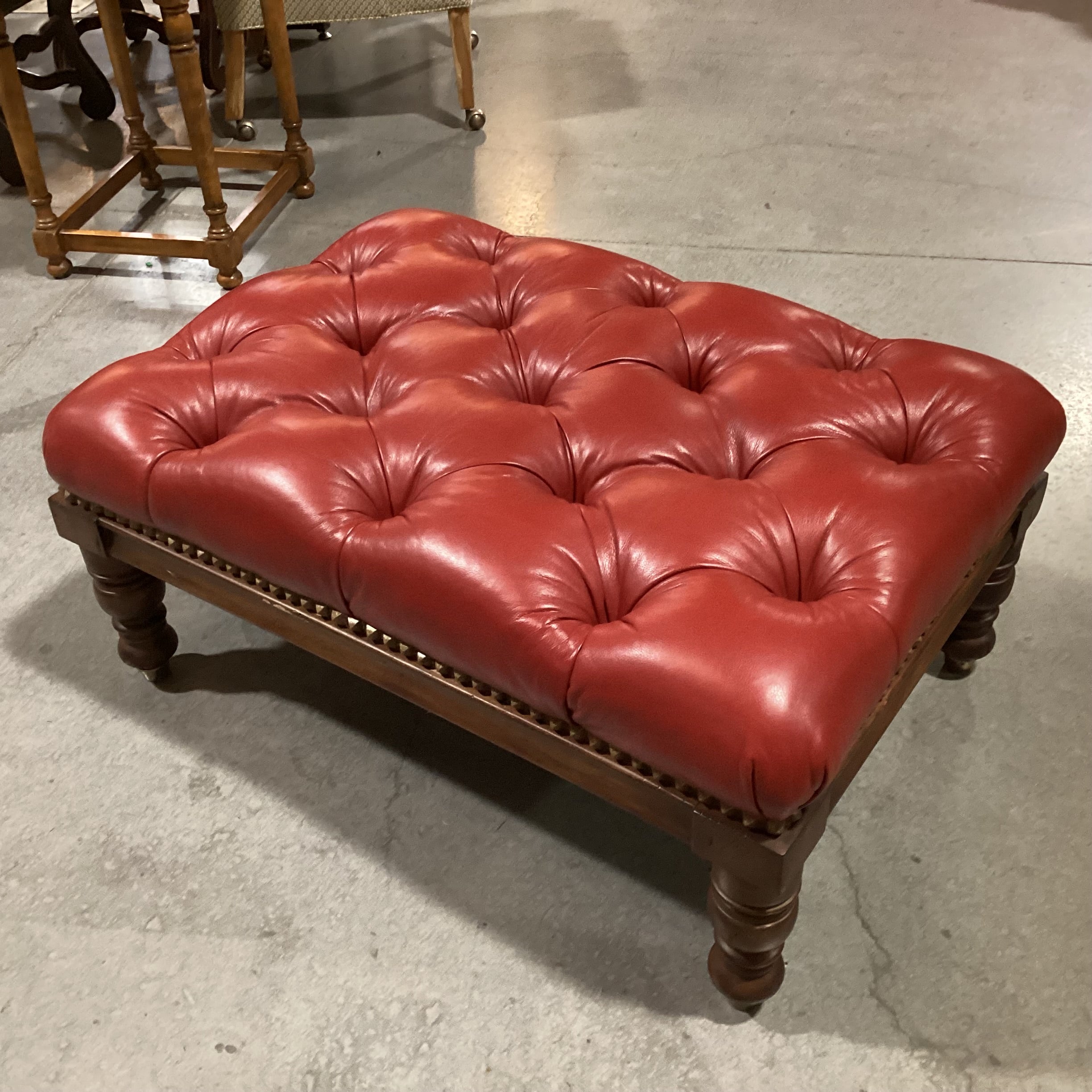 Pearson Furniture Red Leather Tufted & Carved Wood Ottoman 39"x 28"x 18"