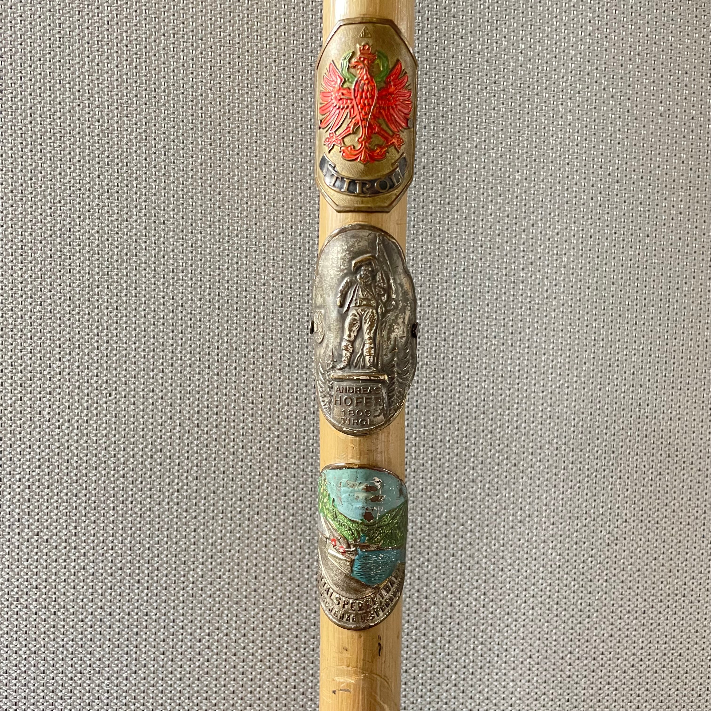 Antique German Wooden Hiking Cane with 6 Badges, 35"