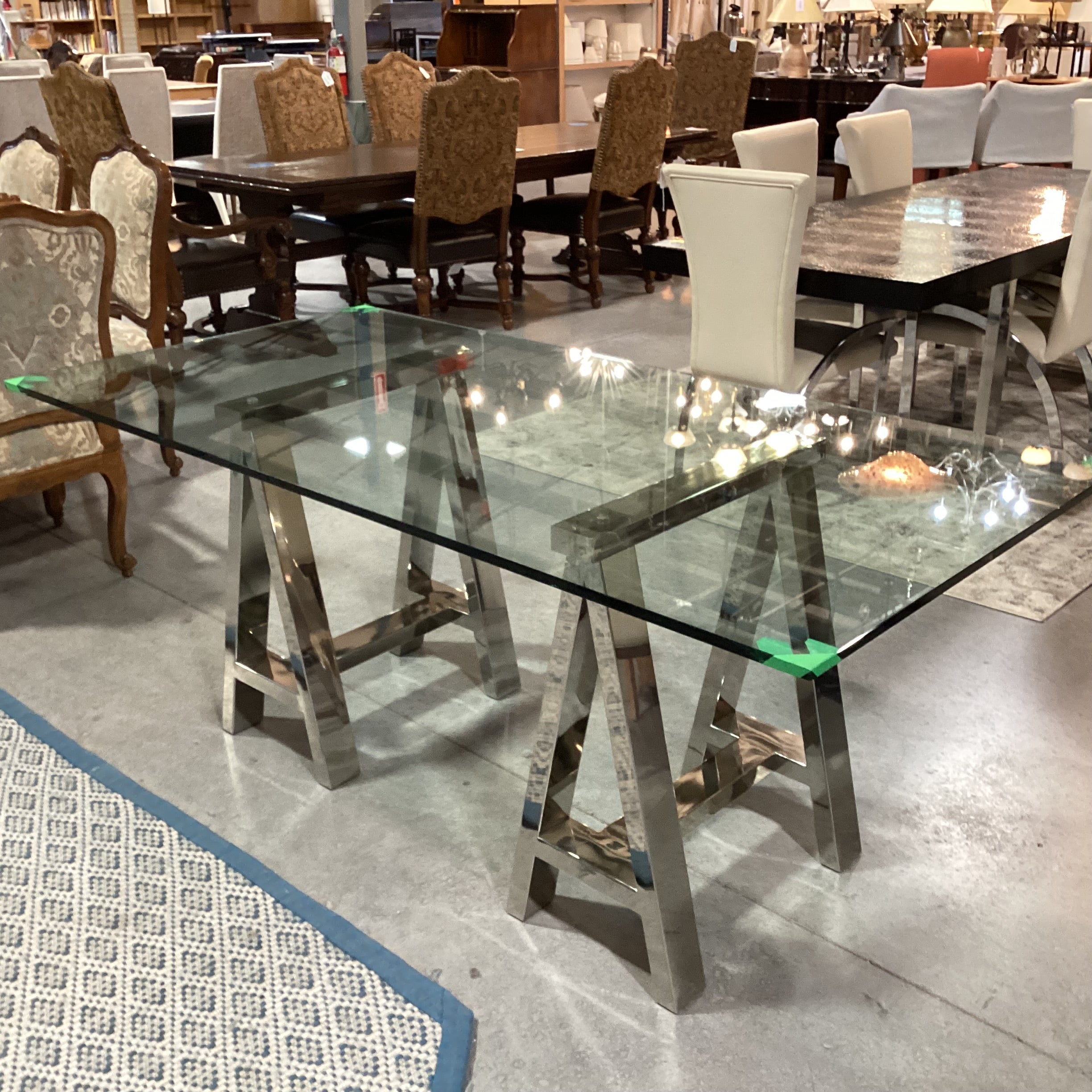 Chrome Sawhorse & Thick Glass Desk Dining Table 72"x 36"x 30.5"
