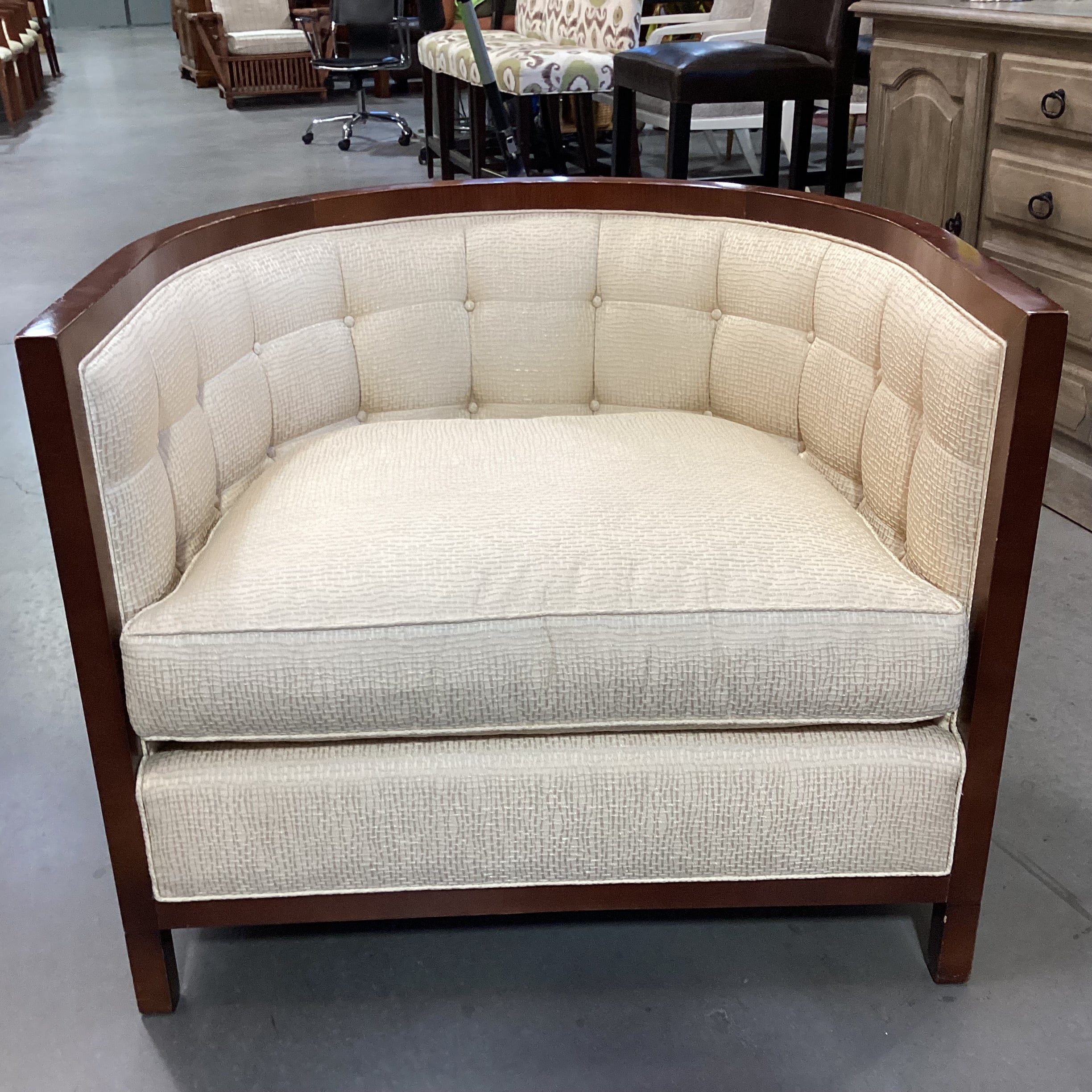 Baker Furniture Golden Silky Woven with Button Tufting Half Moon Chair 36"x 31"x 30.5"