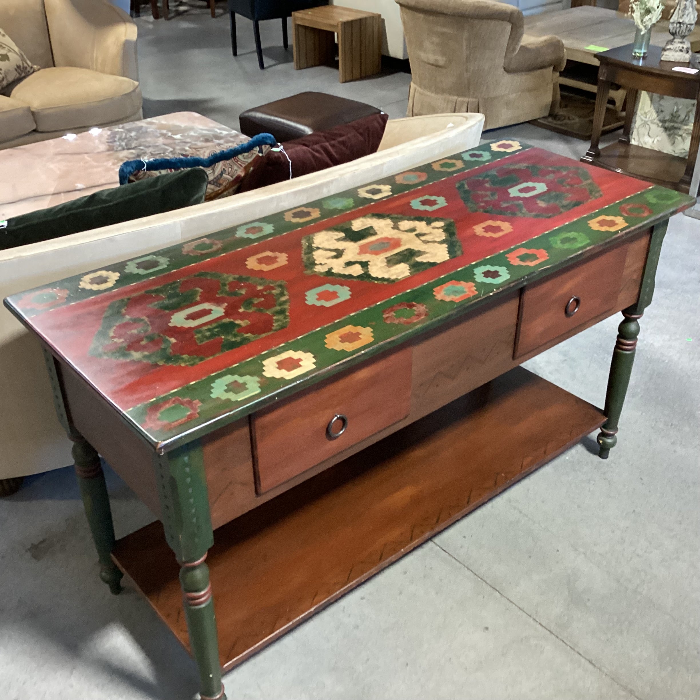 Red & Green Southwest Hand Painted Carved Wood 2 Drawer & Bottom Shelf Console 65"x 27"x 36"