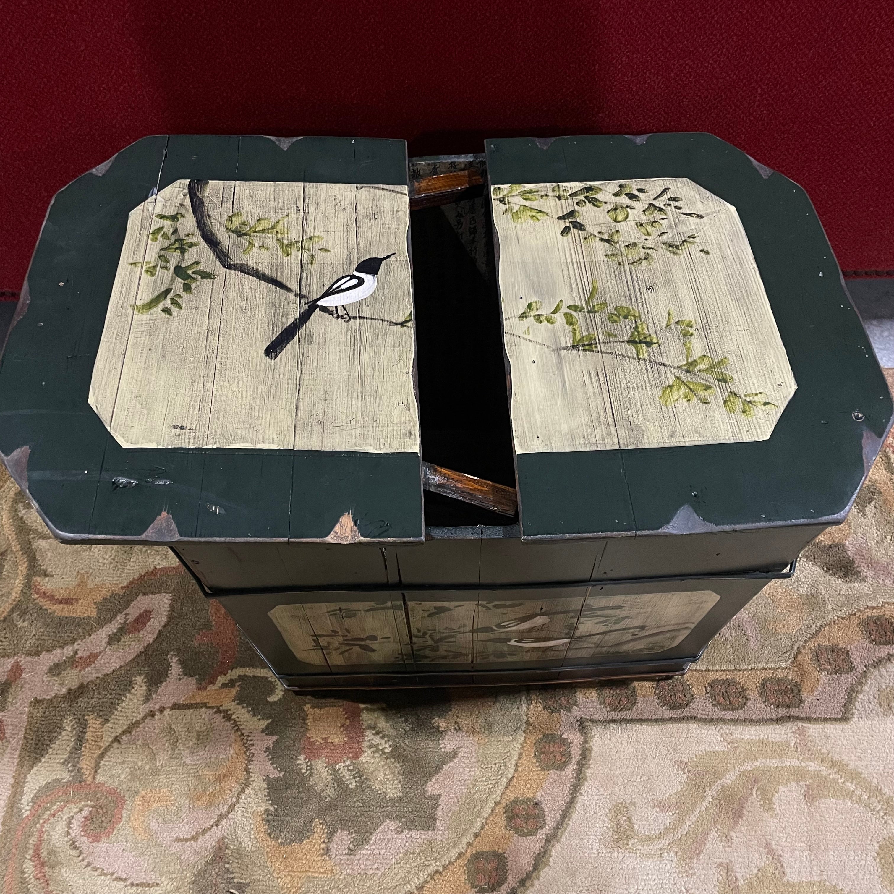 Vintage Asian Handpainted Birds Calligraphy Lined Wedding Trunk with Handles,"25 x 15" x 17.25"