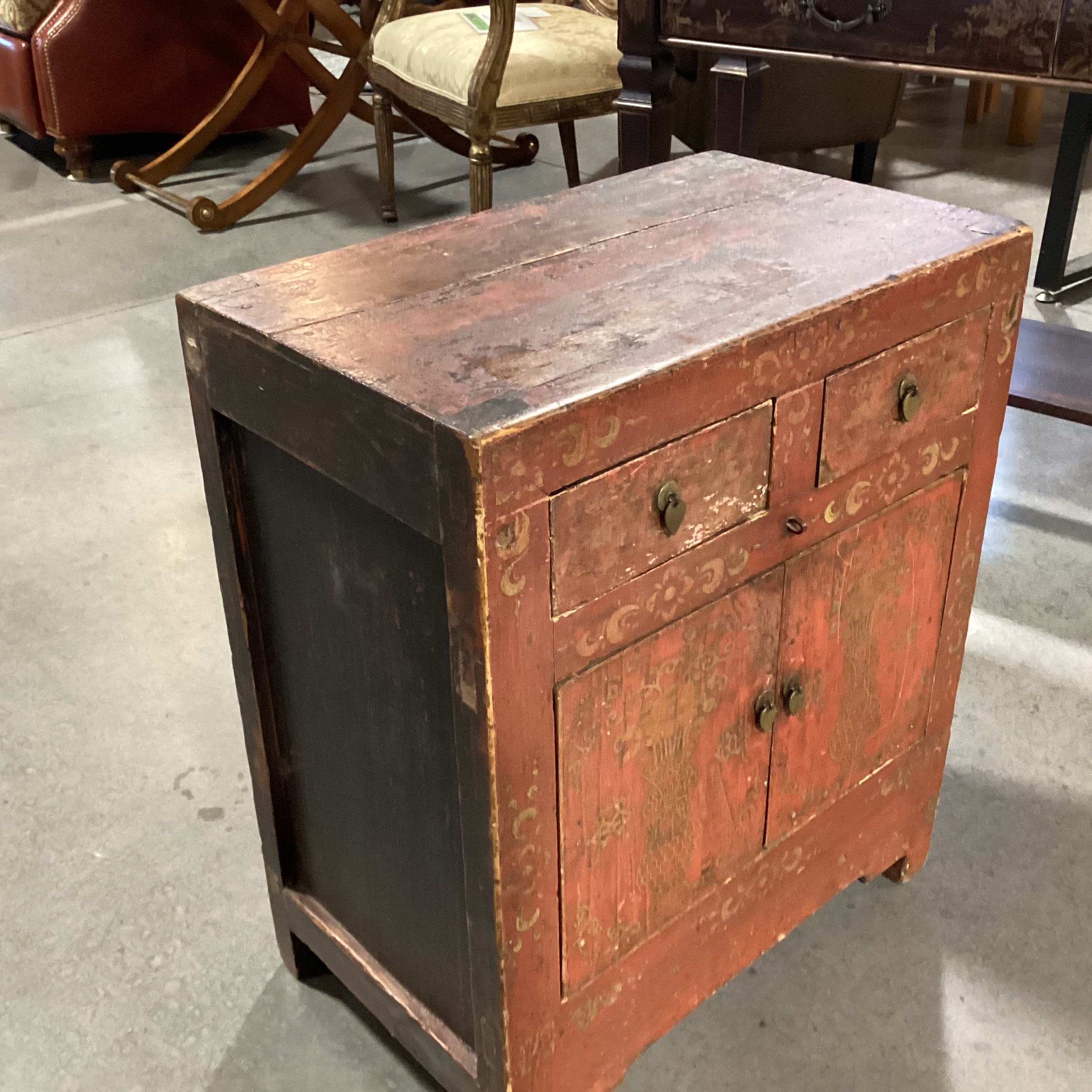 Vintage Antique Asian Carved Wood Red & Gold Painted 2 Drawer 2 Door Cabinet End Table 22"x 13.5"x 26"