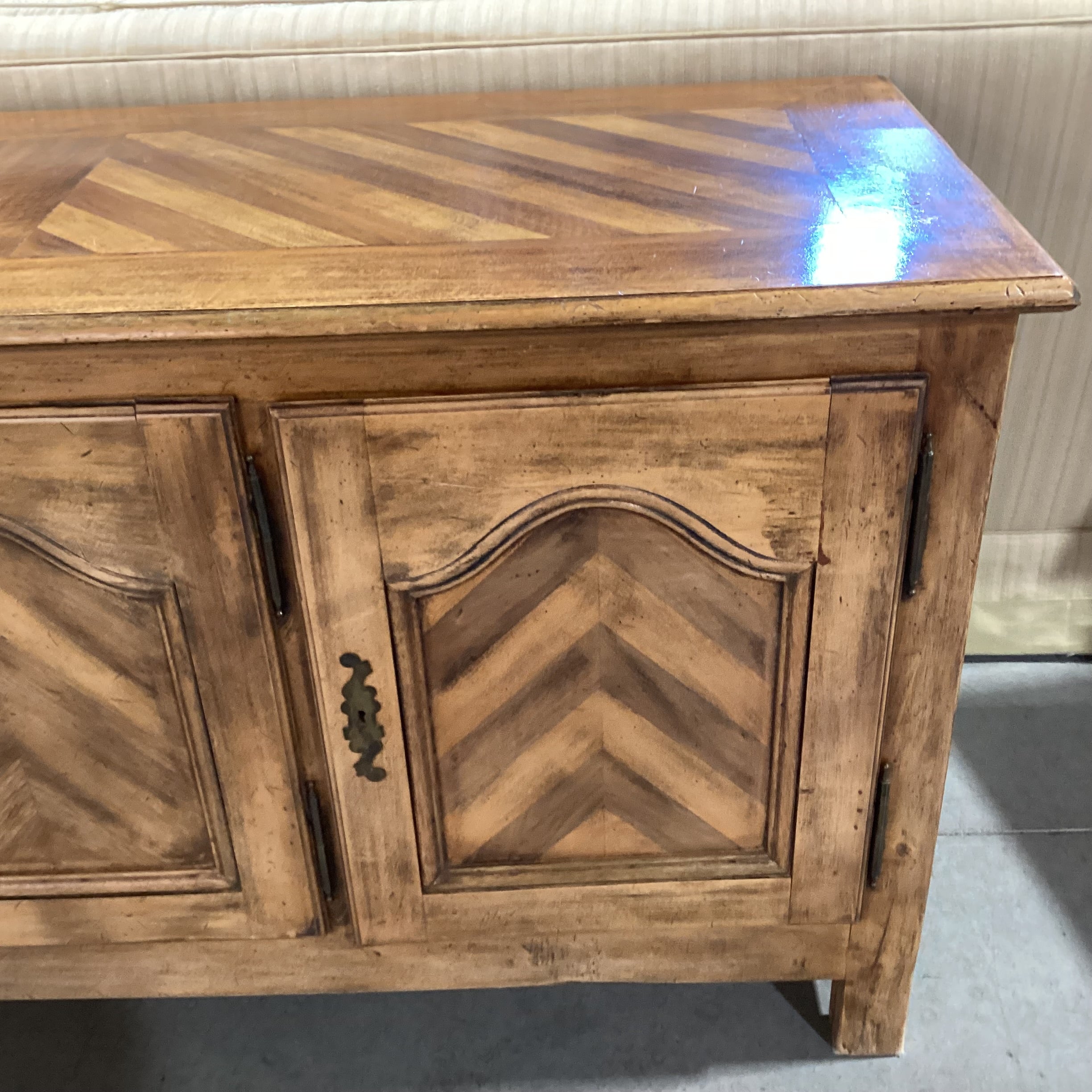 Distressed Finished Wood with Matched Chevron Detail 3 Door 4 Drawer & Shelves Sideboard 70"x 24"x 36"