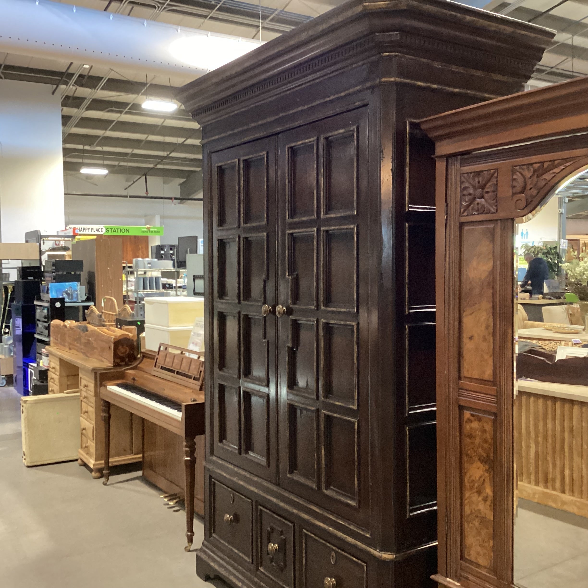 Marge Carson Dark Distressed with Brushed Gold Carved Wood Brass Pulls 5 Drawer 2 Door Wardrobe Armoire 64"x 32"x 94"