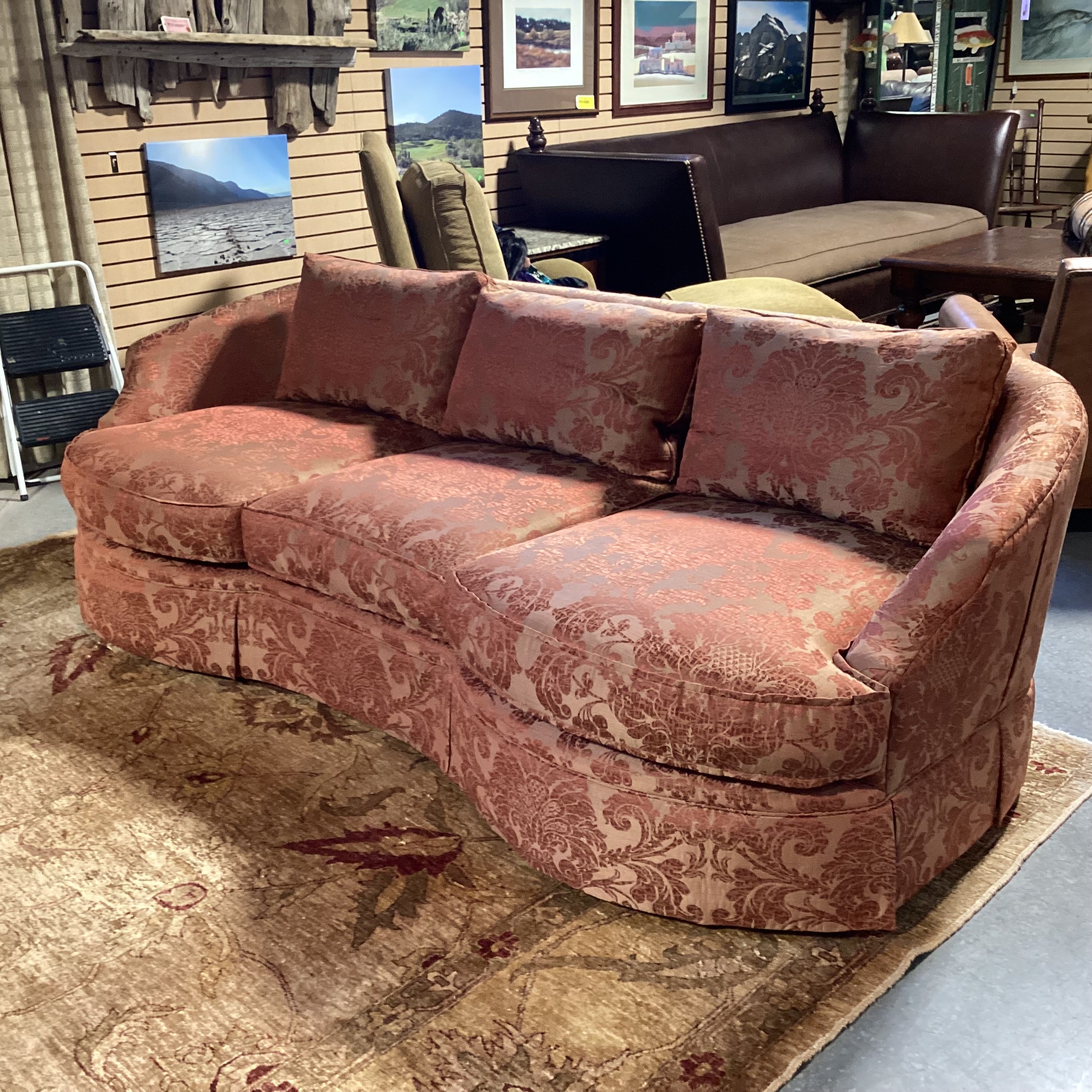 Custom Golden Burnt Orange Ornate Silky Metallic Floral Down Mix Curved Sofa 101"x 44"x 32"