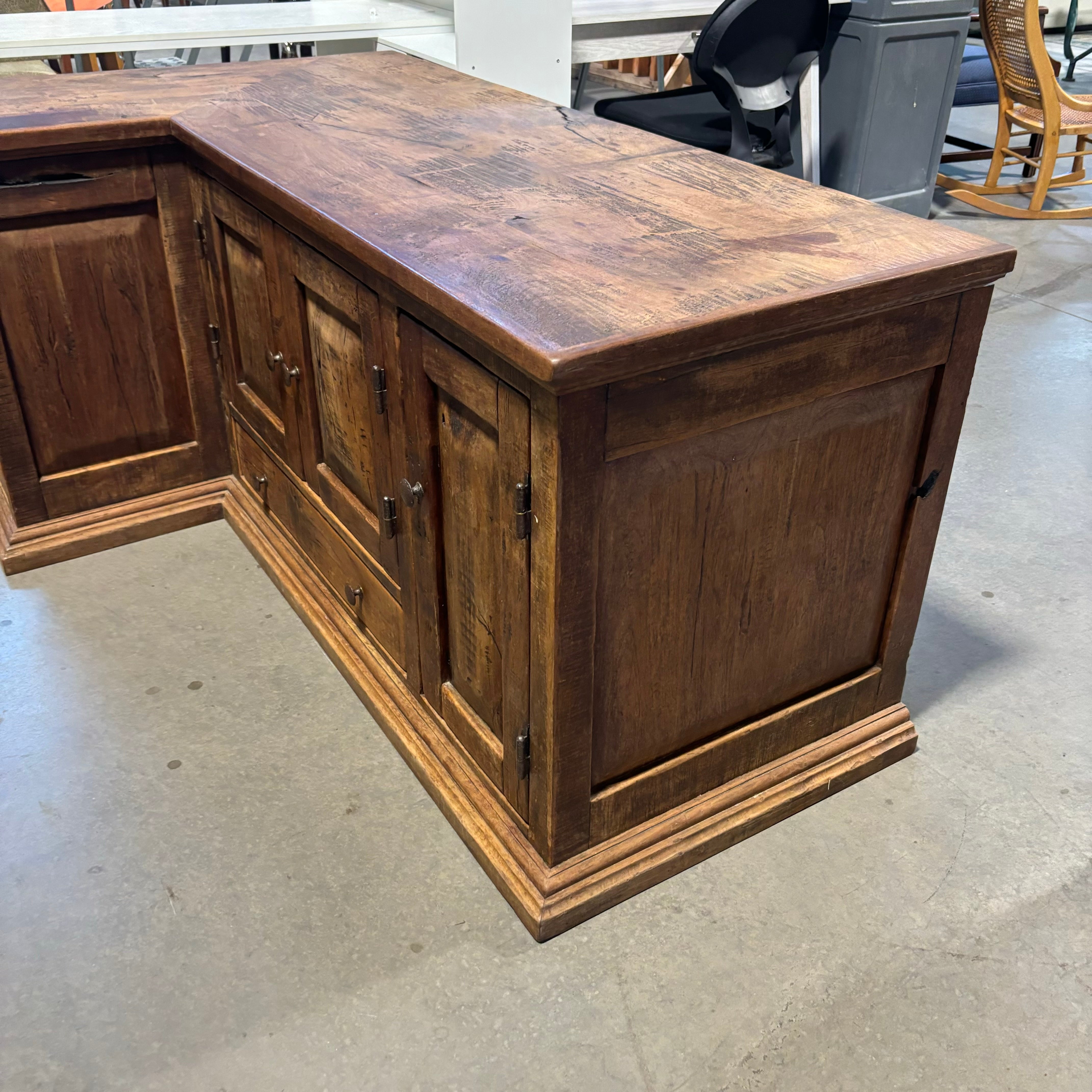 Custom Natural Distressed Wood with Iron Accents L Shaped Desk 66"x 41.5"x 30"