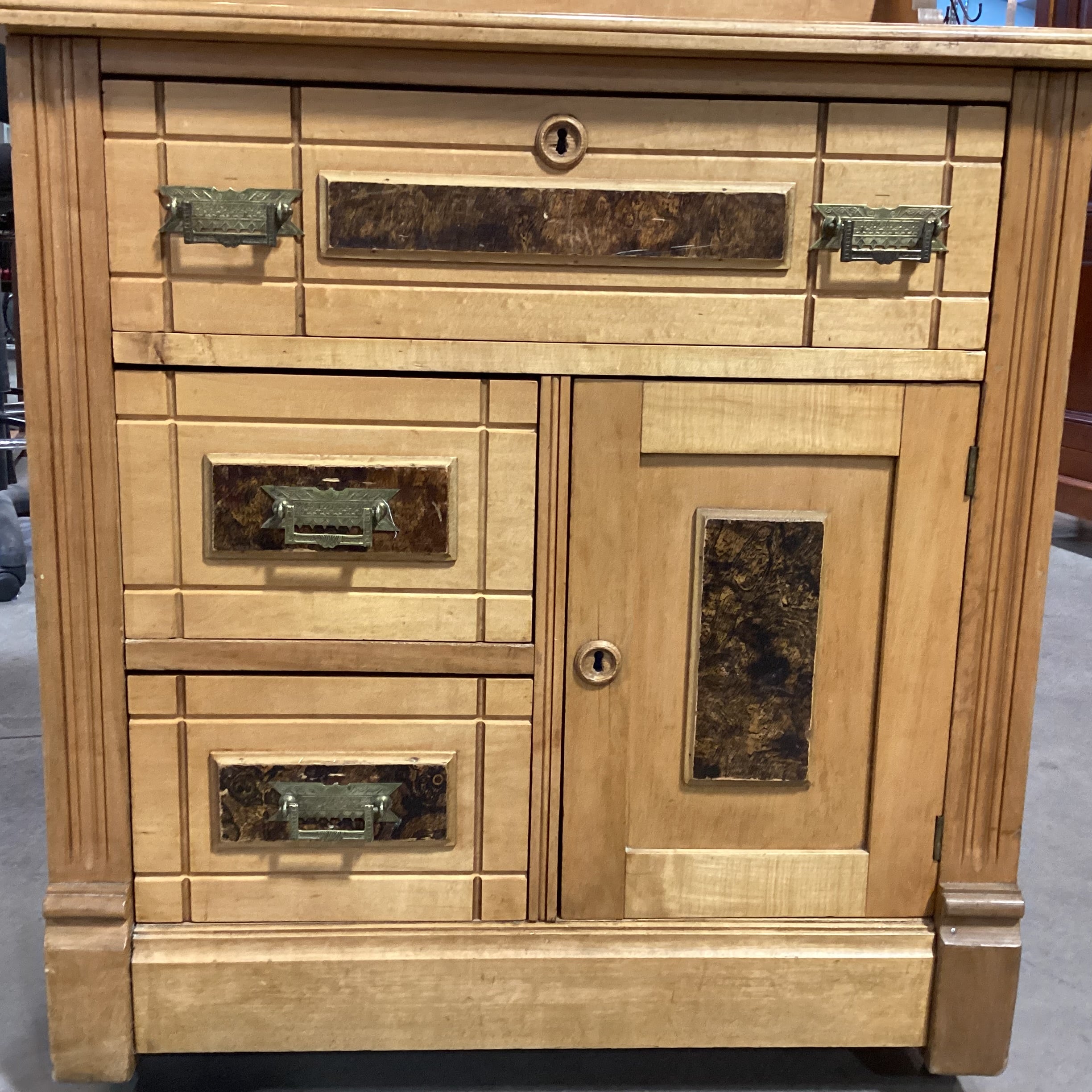 Antique Light Finish Carved Wood Burl Veneer Detail Dry Sink Chest 27.5"x 17"x 36"