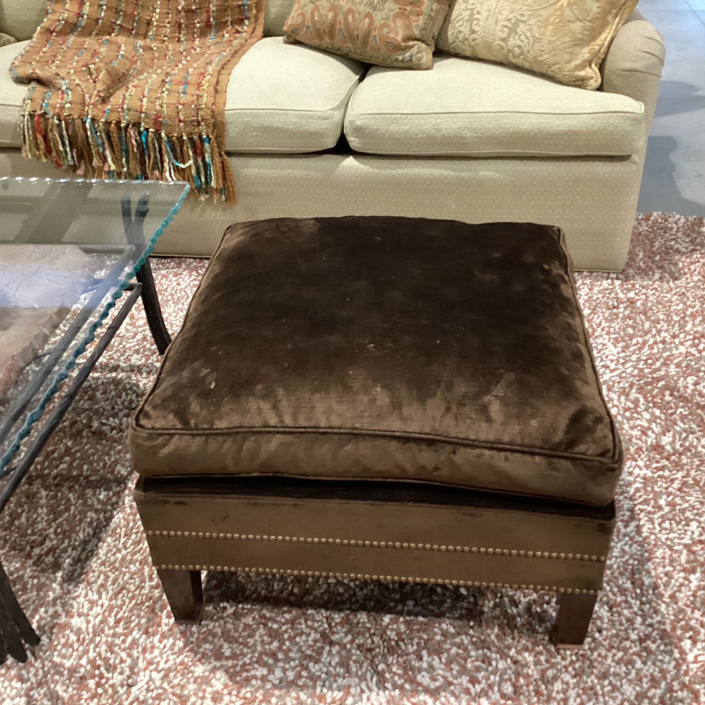 Custom Brown Velvet Nailhead & Brass Casters Down Mix Ottoman 26"x 26"x 19"