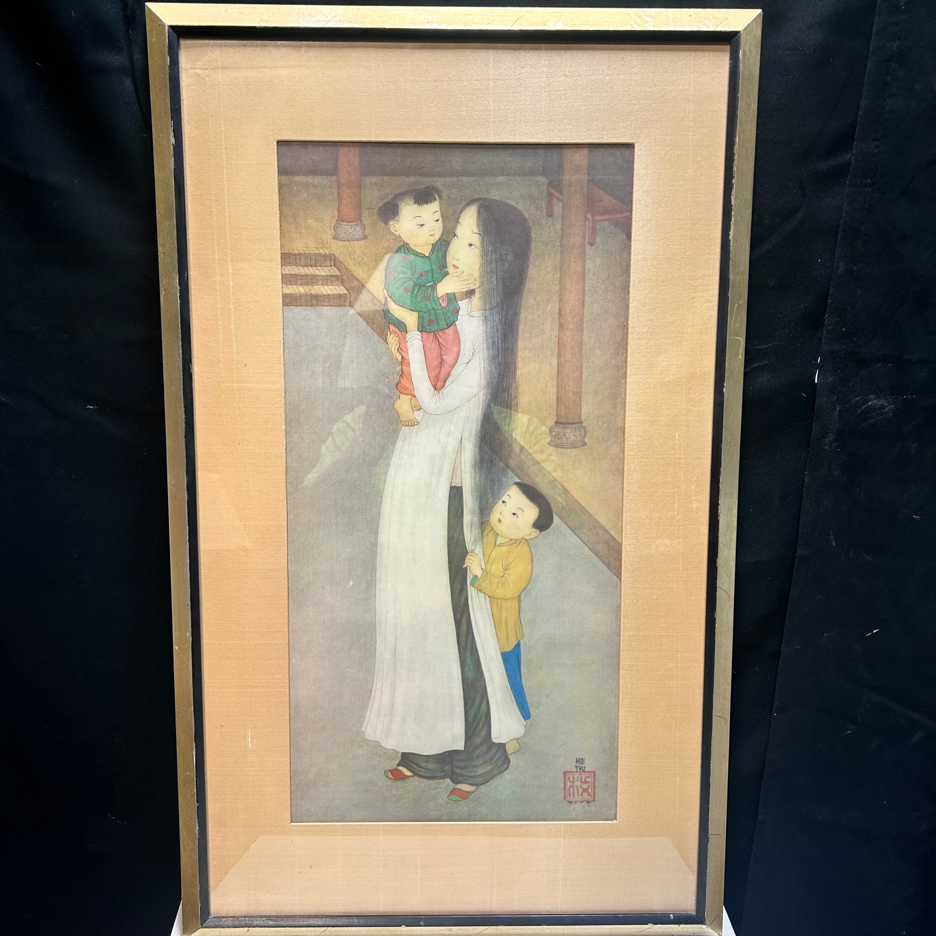 MAI THU (Vietnamese 1906-1980) "Mother & Child" Signed With Artist Chop Mark Engraving In Color 19"x31"