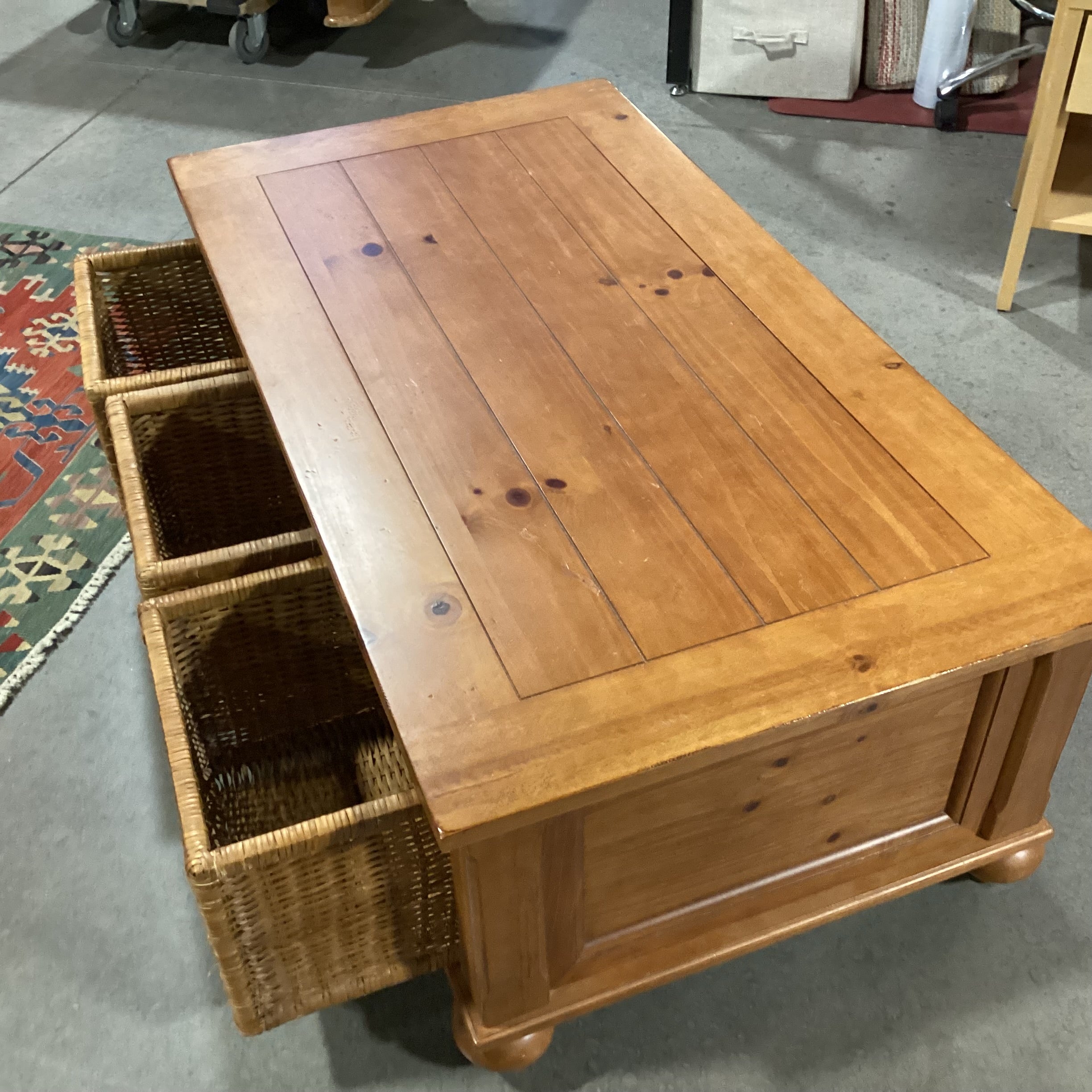 Finished Plank Wood & 3 Double Sided Basket Drawers Coffee Table 50"x 27"x 18.5"