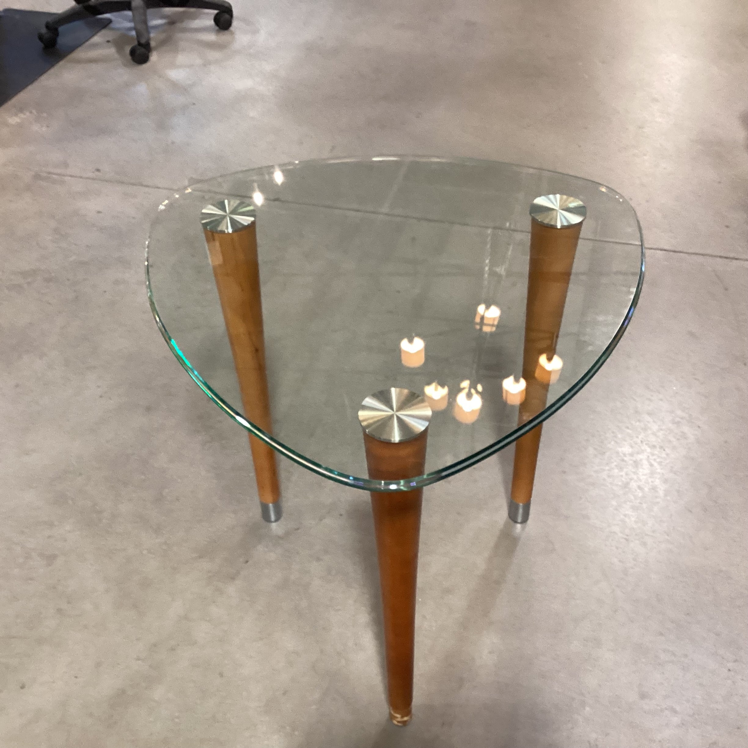 Modern Triangle Glass & Wood Legs End Table 26"x 26"x 26"