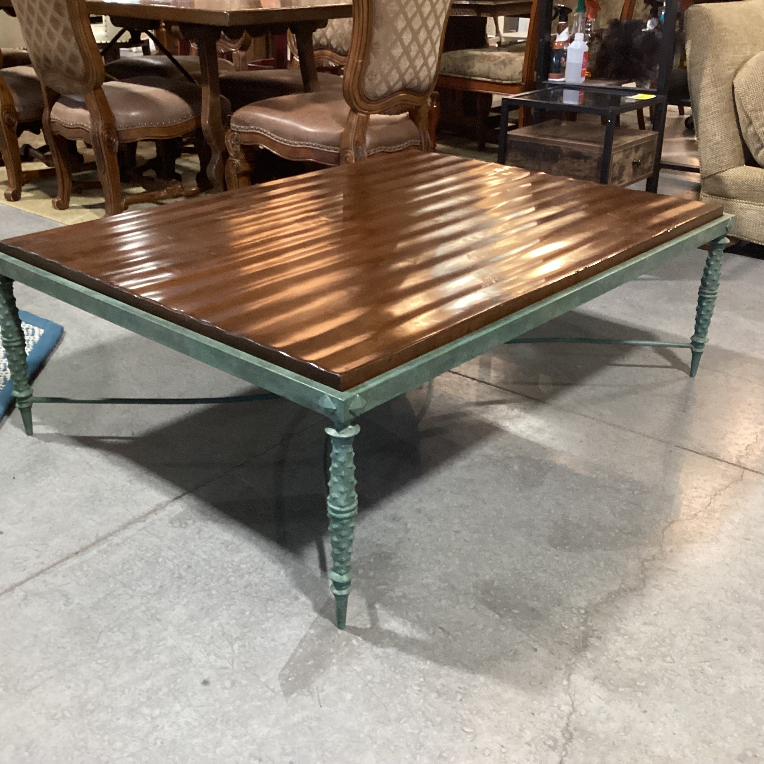 Solid Distressed Finished Plank Top & Verdigris Iron Base Coffee Table 54"x 40"x 18"