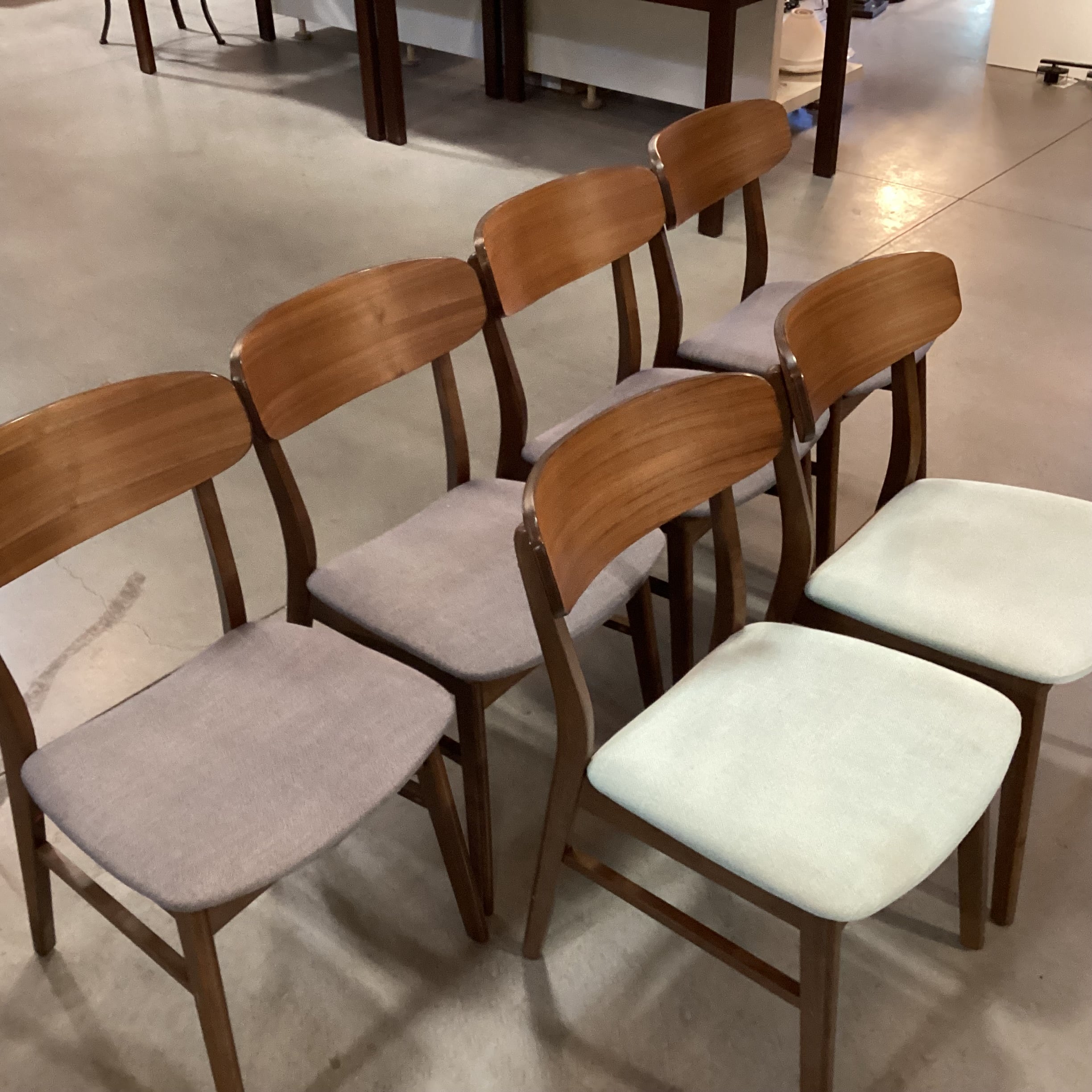 SET of 6 Mid Century Style Walnut Blue & Grey Seat Dining Chairs 18"x 18"x 30.5"