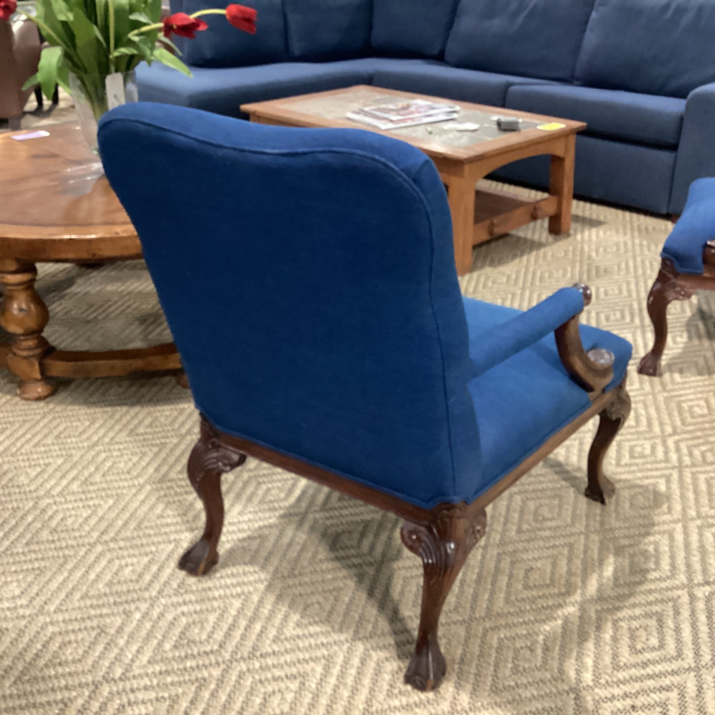 Antique Carved Wood Claw & Ball Foot & Denim Upholstered Chair 29"x 32"x 38"