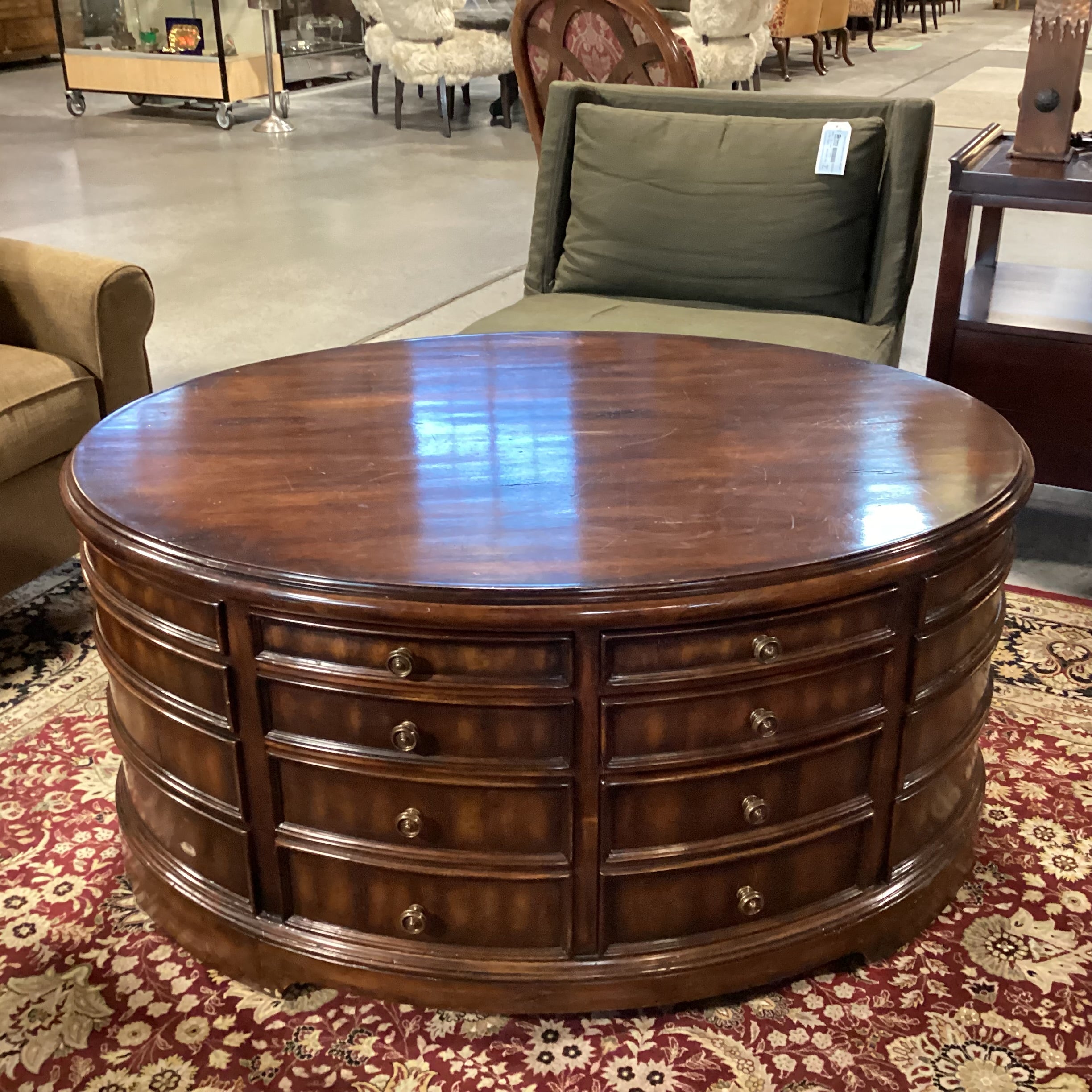 Theodore Alexander Style Oval Dark Finish 10 Drawer Coffee Table 48"x 36"x 23"