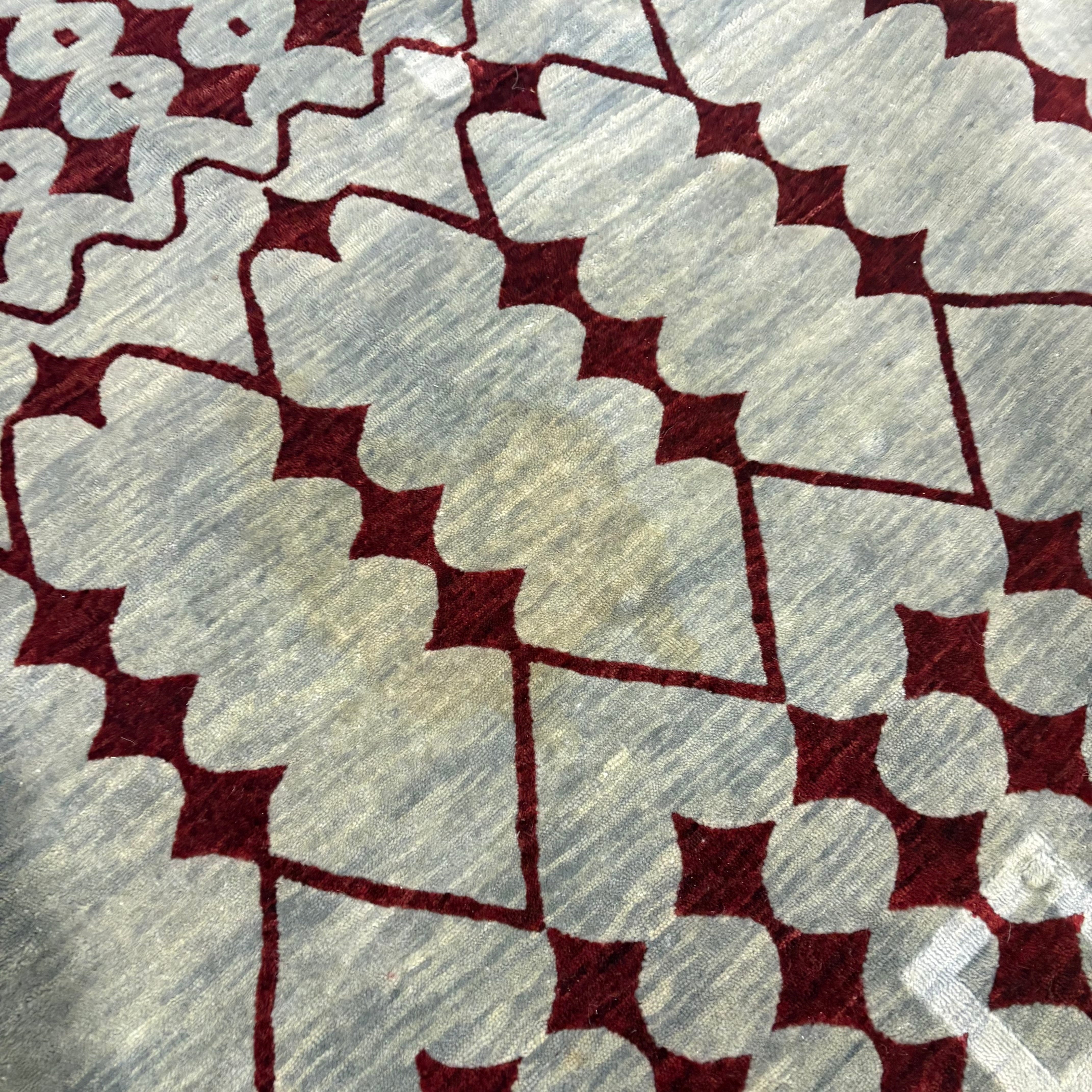 Isberian Custom Grey and Red Geometric Woven Wool Rug 10' x 13'