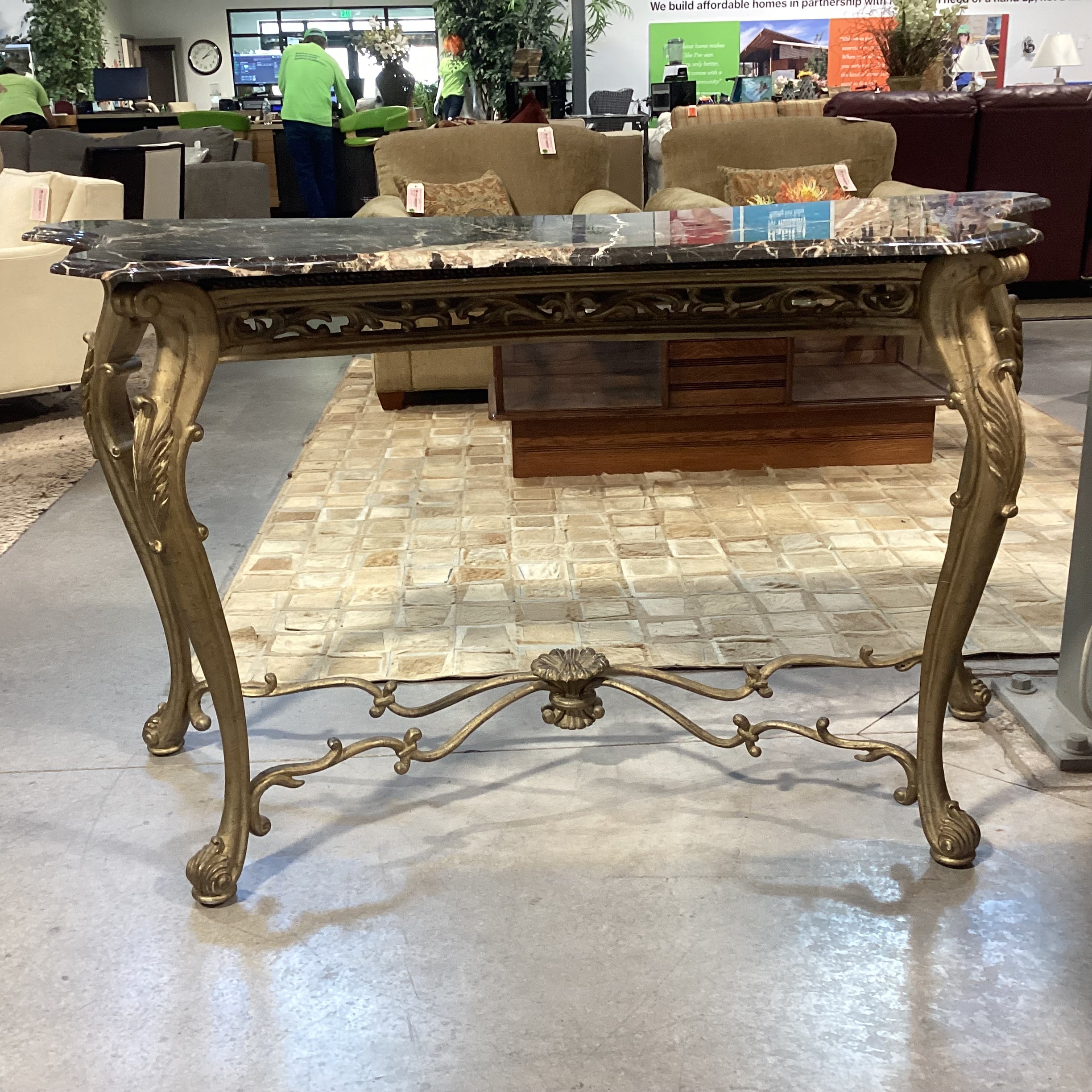 Gilt Gold Carved Wood Style Composite & Marble Top Accent Table 60"x 23"x 34.5"