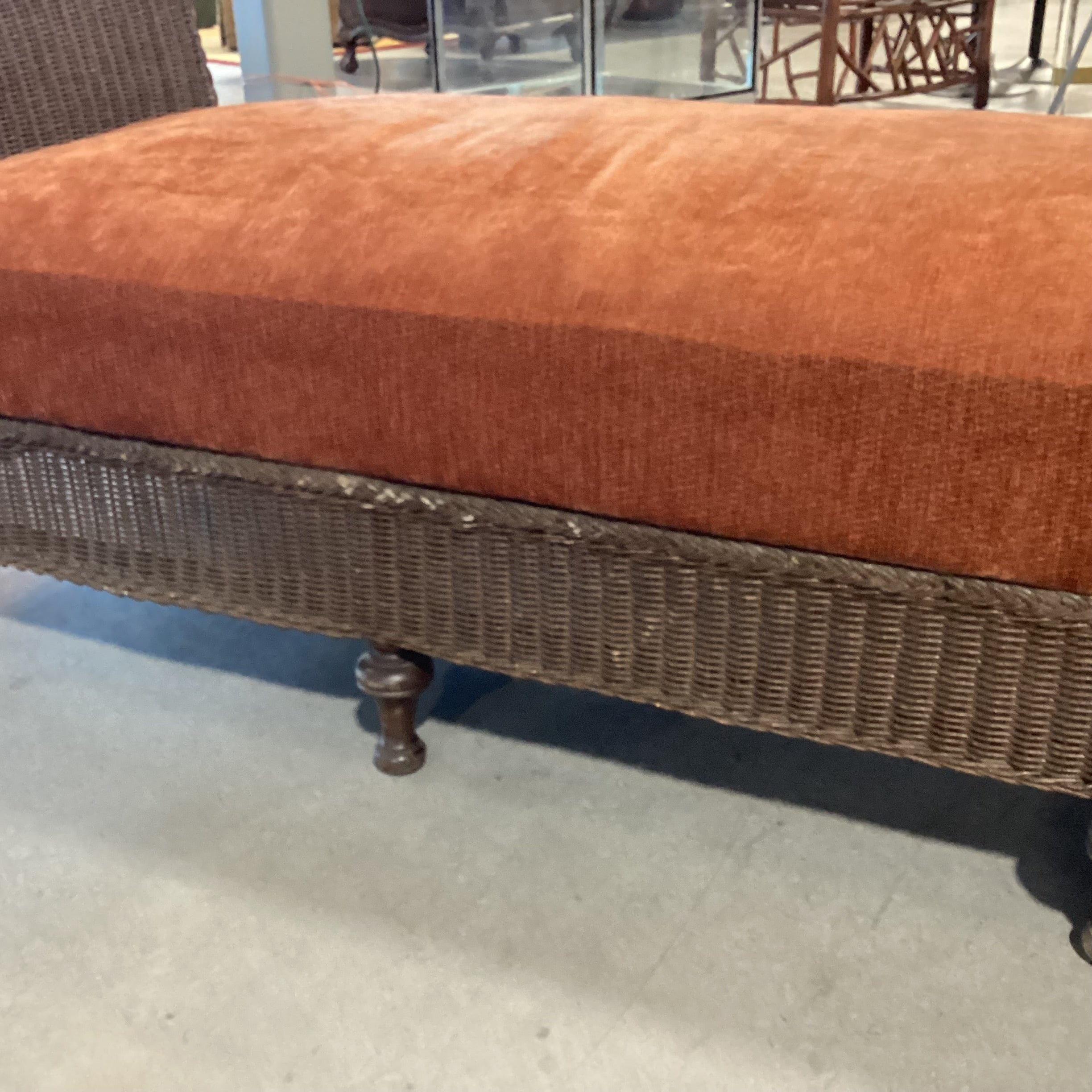 Vintage Antique Wicker & Rust Chenille Woven Bench 90"x 30"x 30"