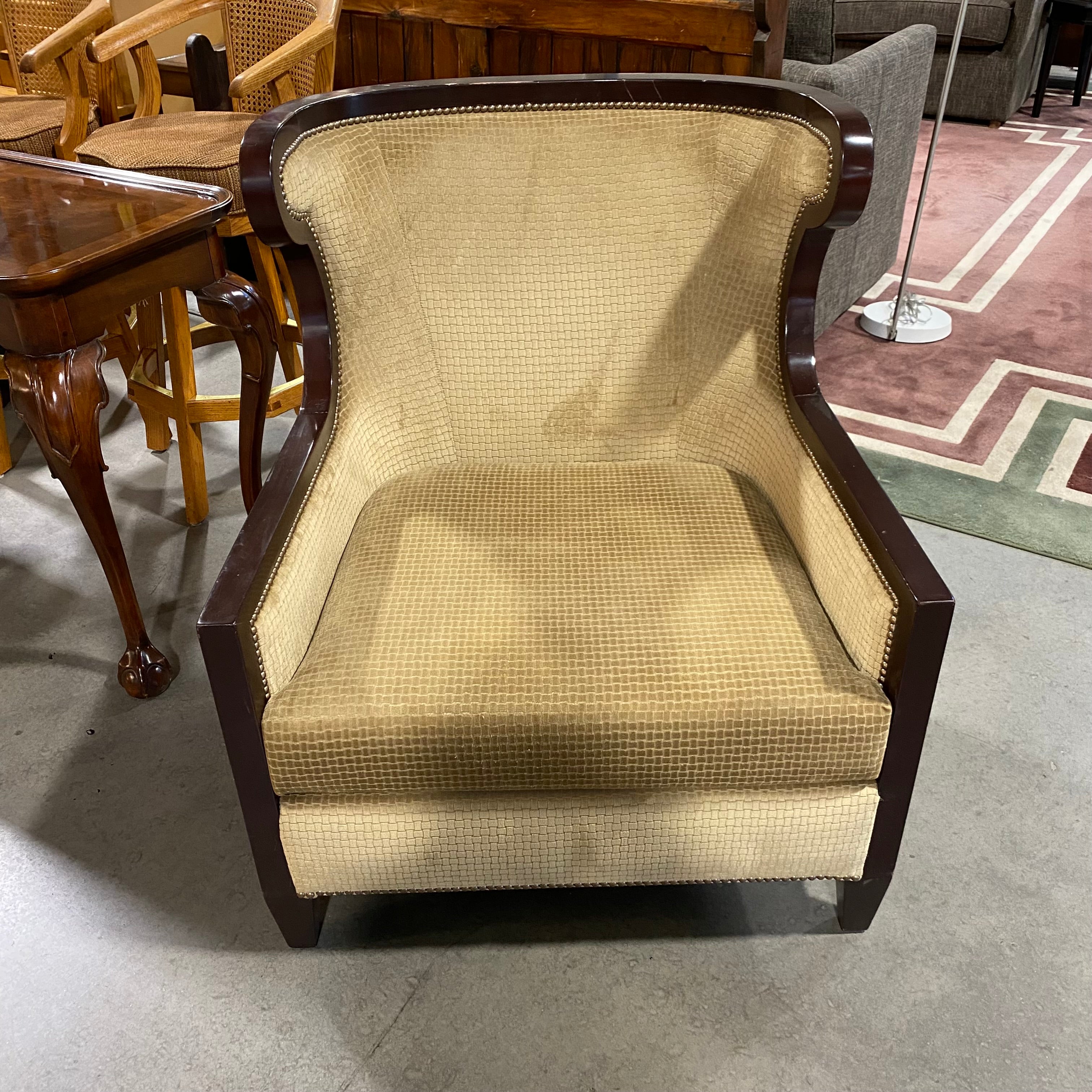 Dark Wood Nailhead Accent Gold Embossed Upholstered Arm Chair 32.5"x 34"x 38"