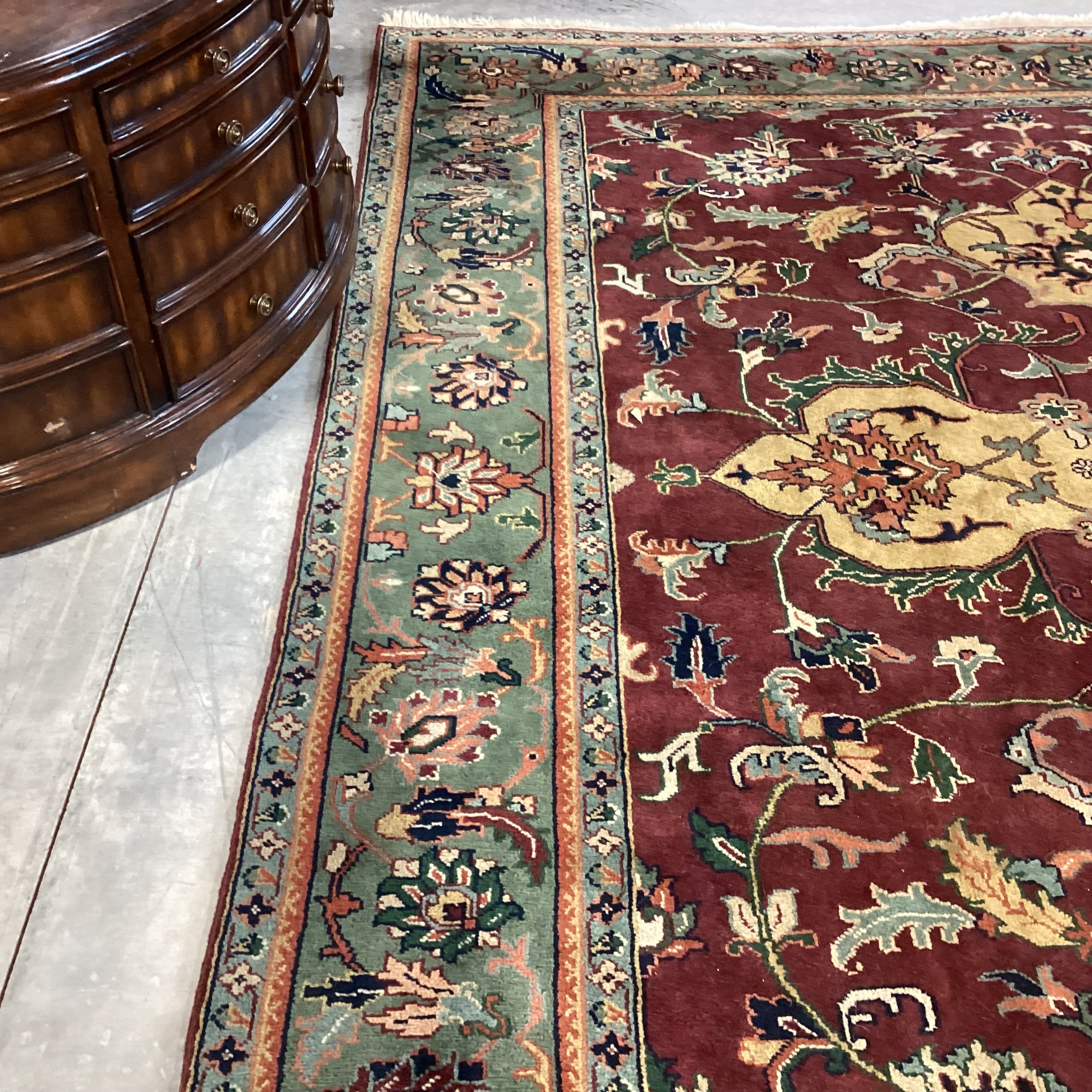 Vintage Burgundy Green & Gold Hand Woven Wool Rug 8'x 10'