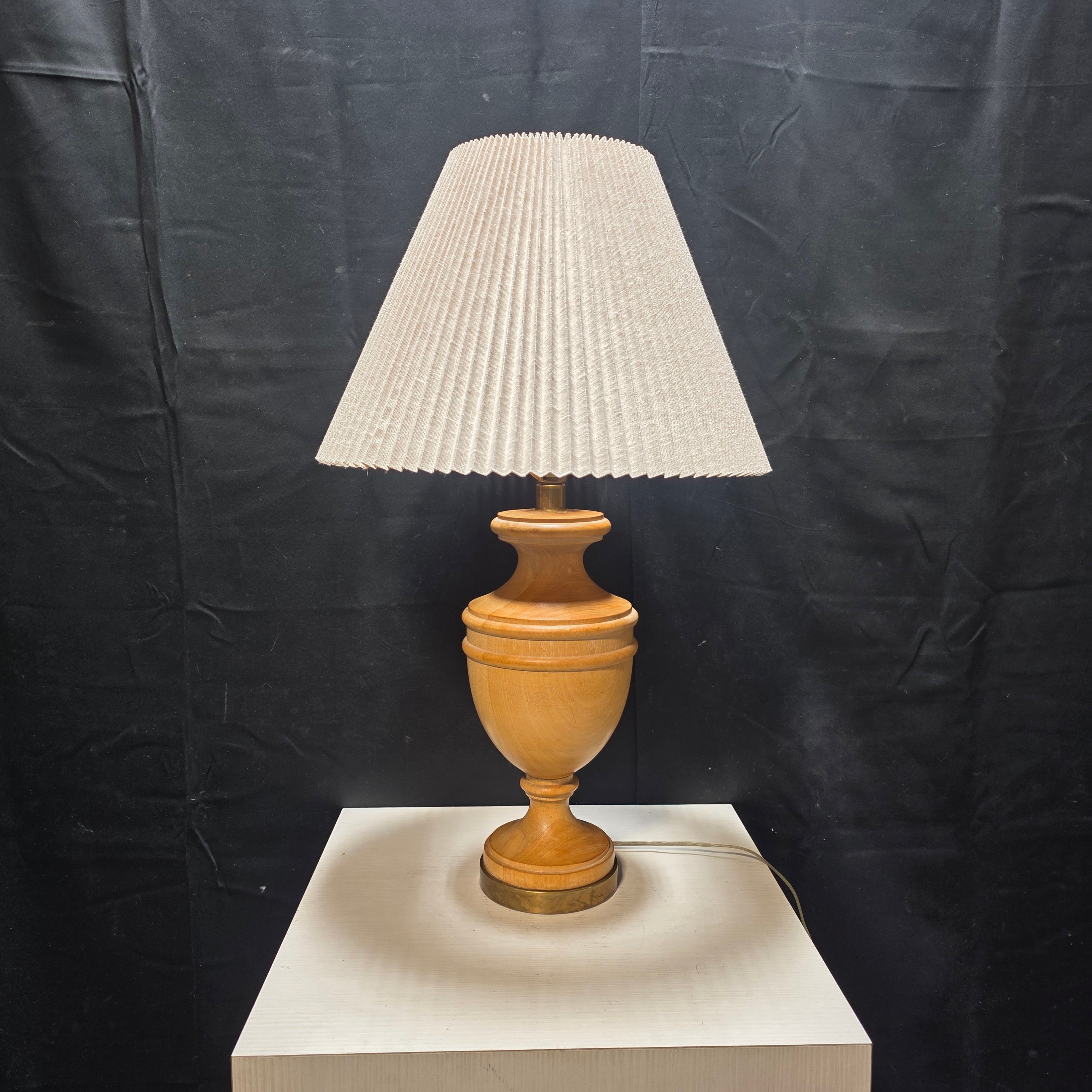 1970's Vintage Danish Solid Wood Table Lamp with Ruffle Shade 17.5"Dx29"