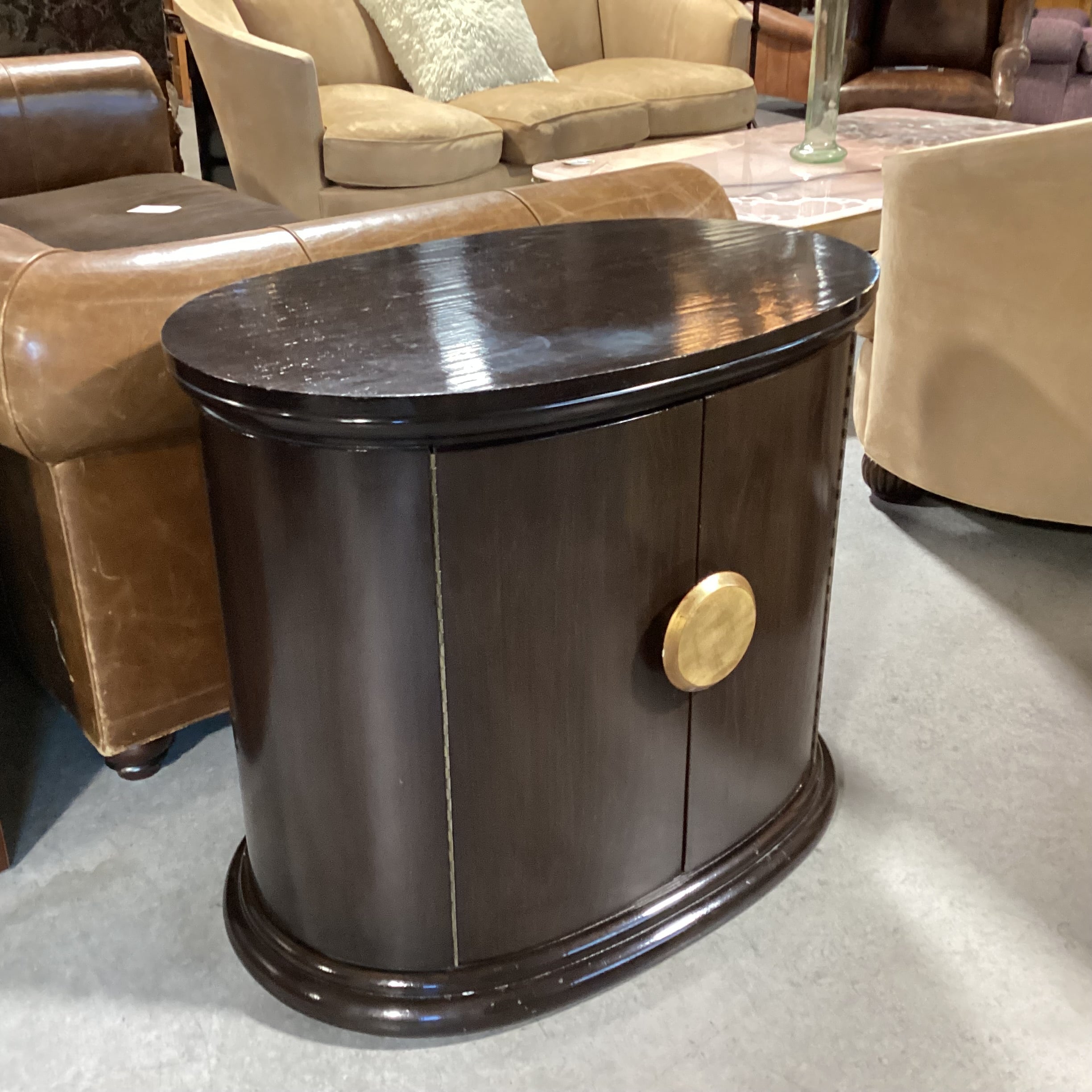 Dark Finish Solid Wood Oval 2 Door Cabinet End Table 32.5"x 21"x 29"