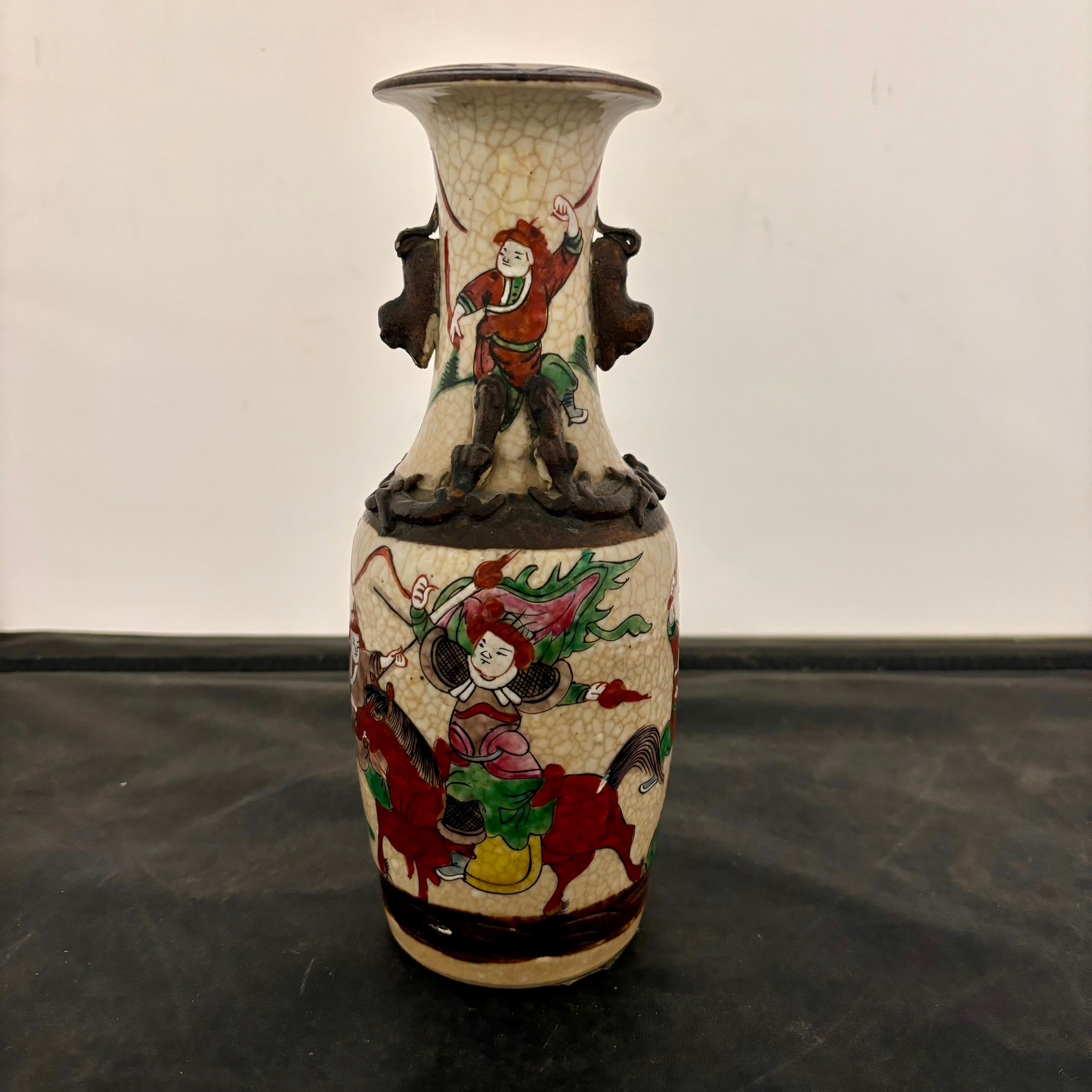 Antique Chinese Signed Famille Verte Vase with Figures and Faux Bronze Decoration 9.5"x 3.5"