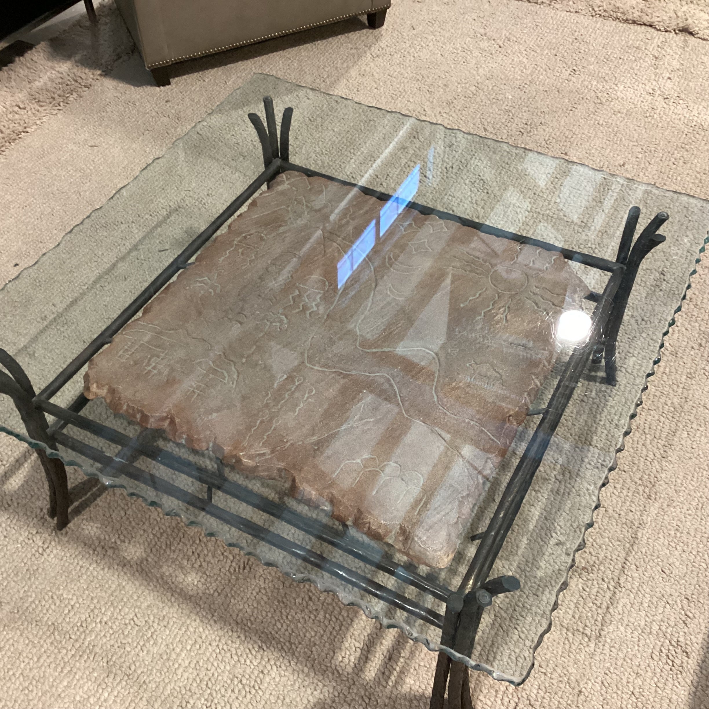 Wrought Iron Carved Scene on Stone & Live Edge Glass Coffee Table 38"x 38"x 17"
