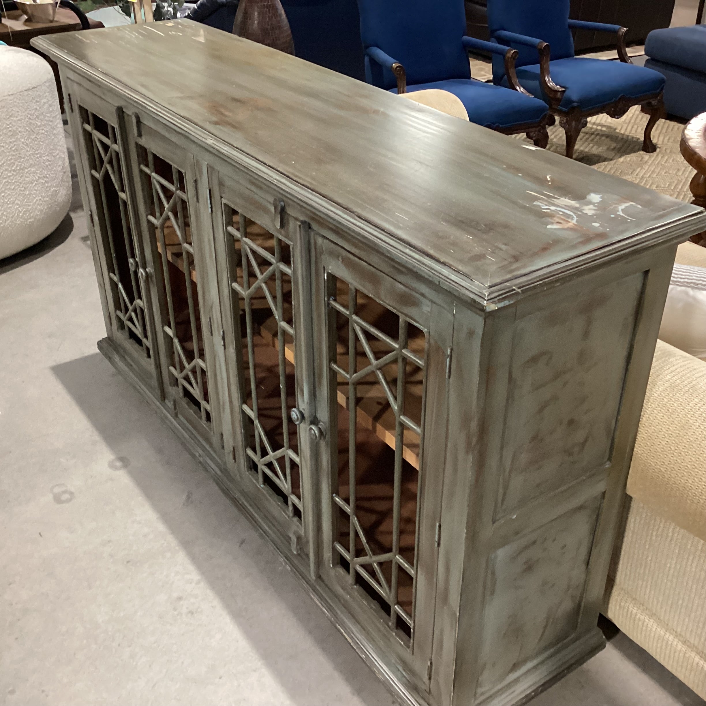 Green Washed Wood & Metal 4 Door with Shelves Console Credenza 71"x 18"x 42.5"